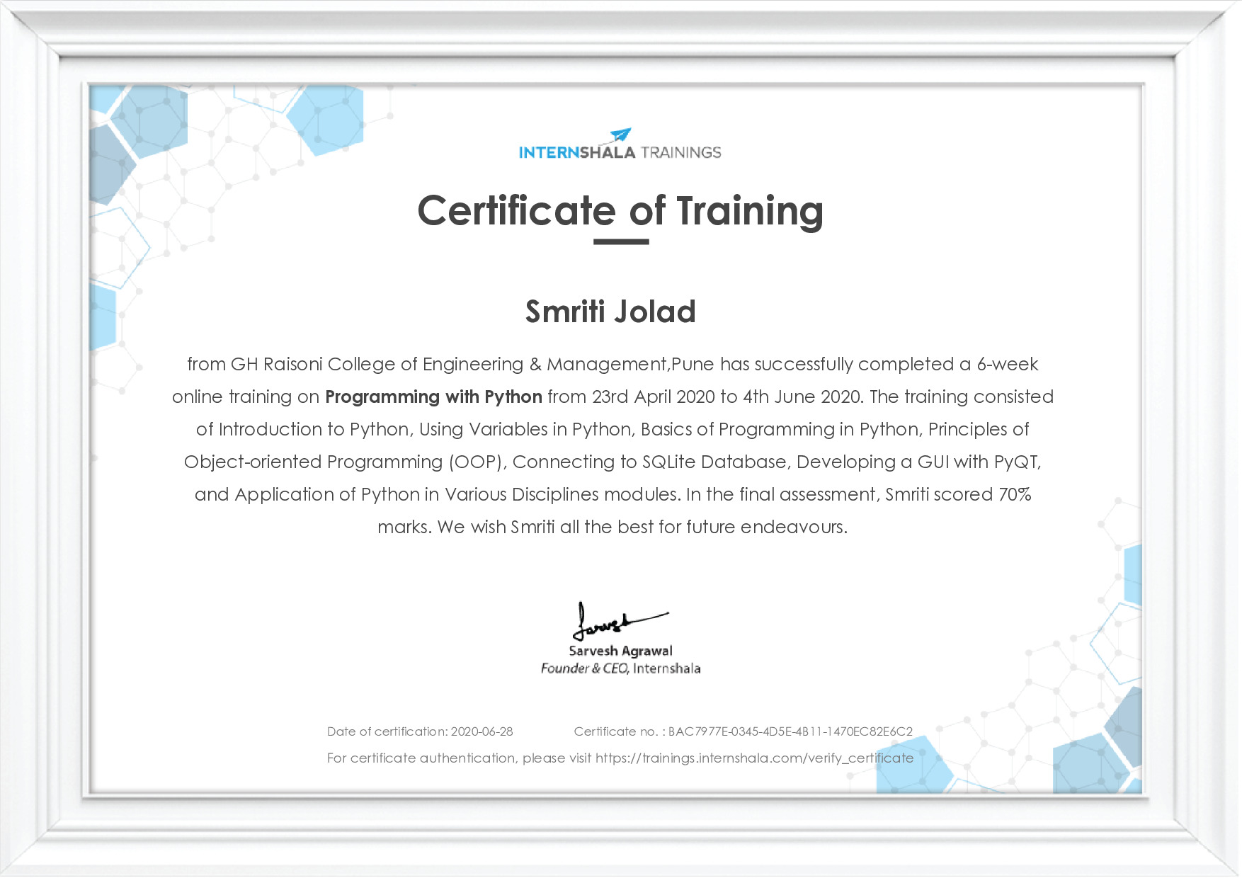 Certificate of completion