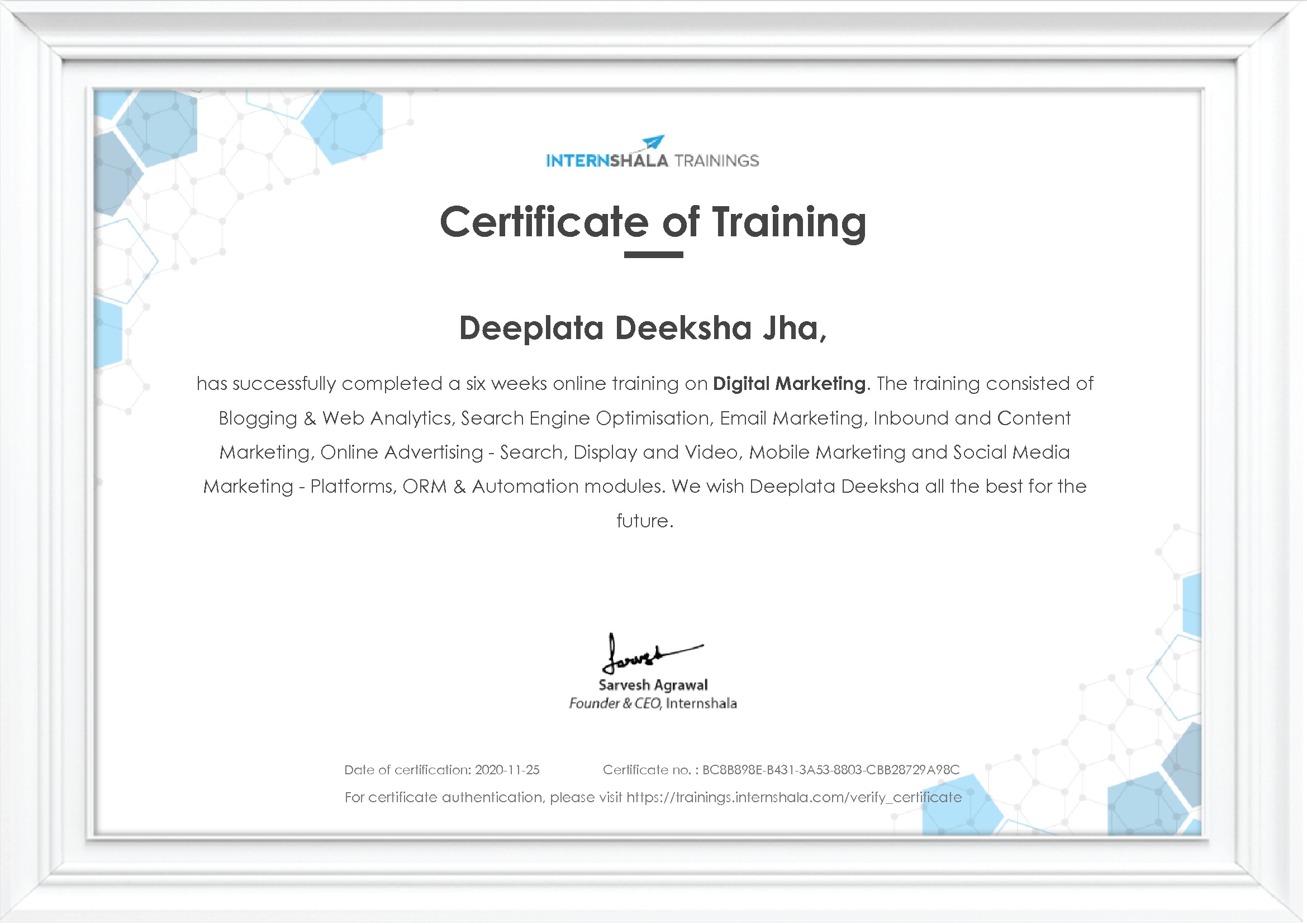 Certificate of completion