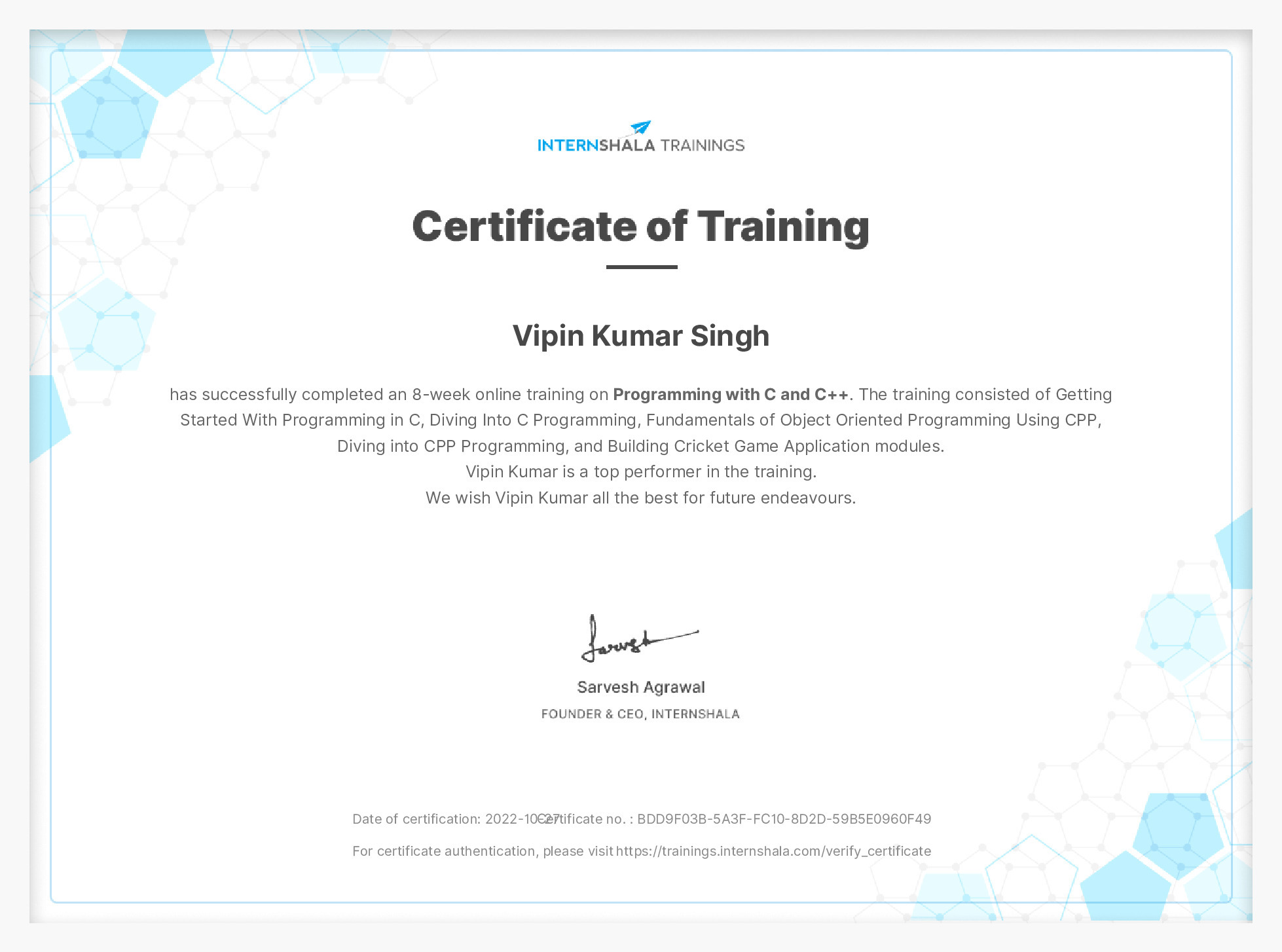 Certificate of completion