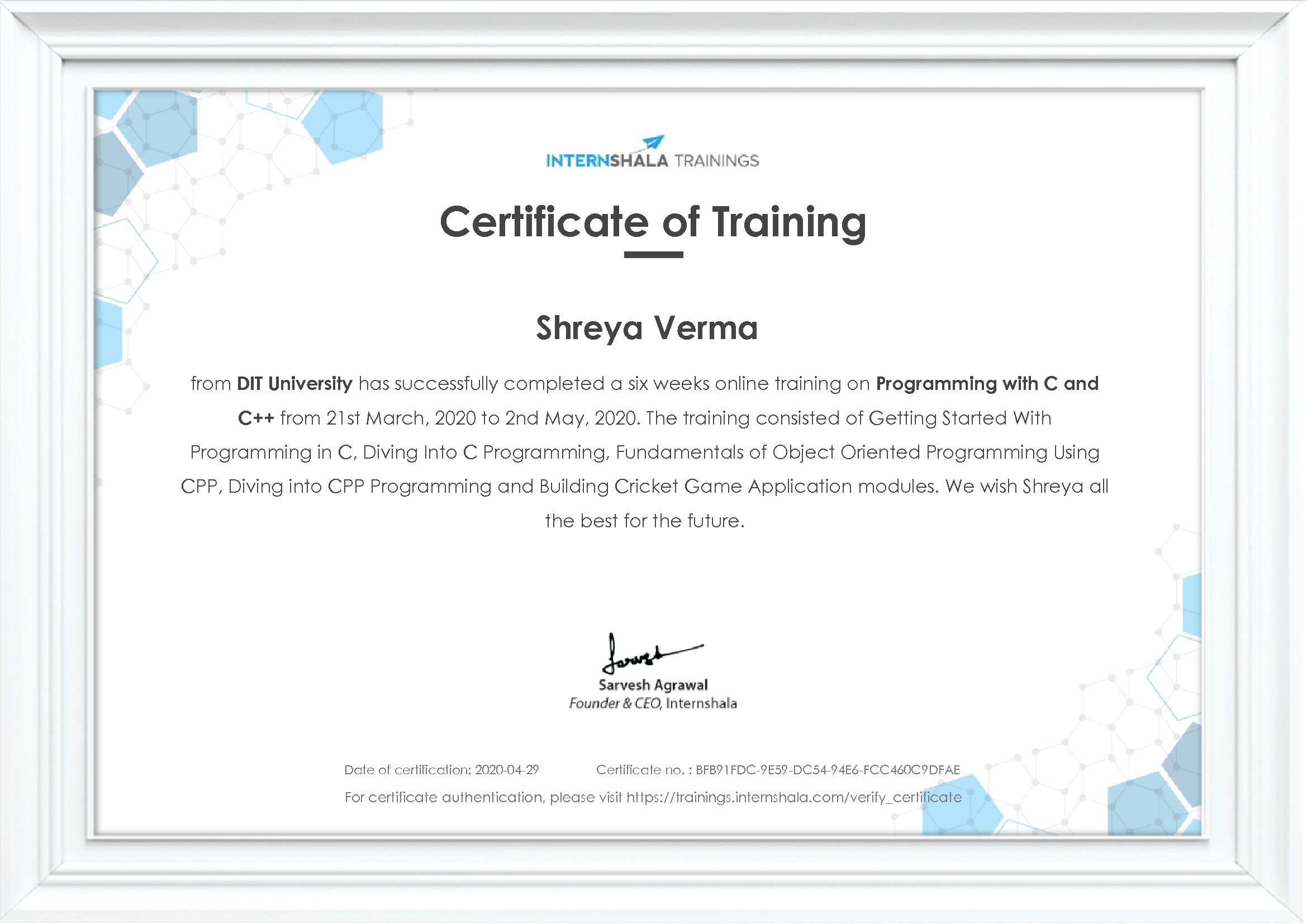 Certificate of completion