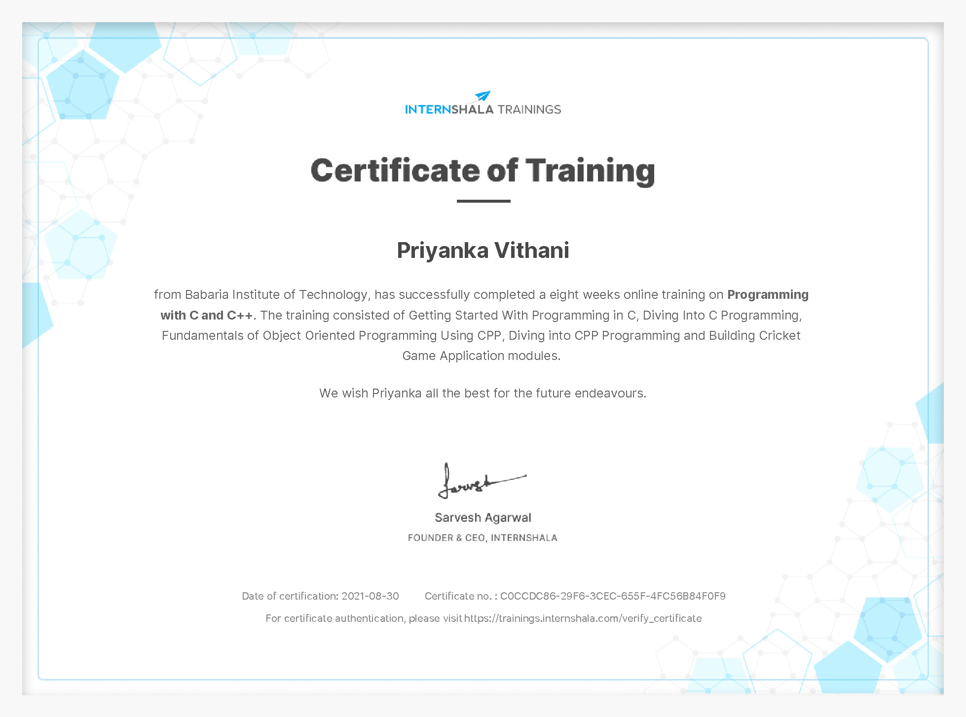 Certificate of completion