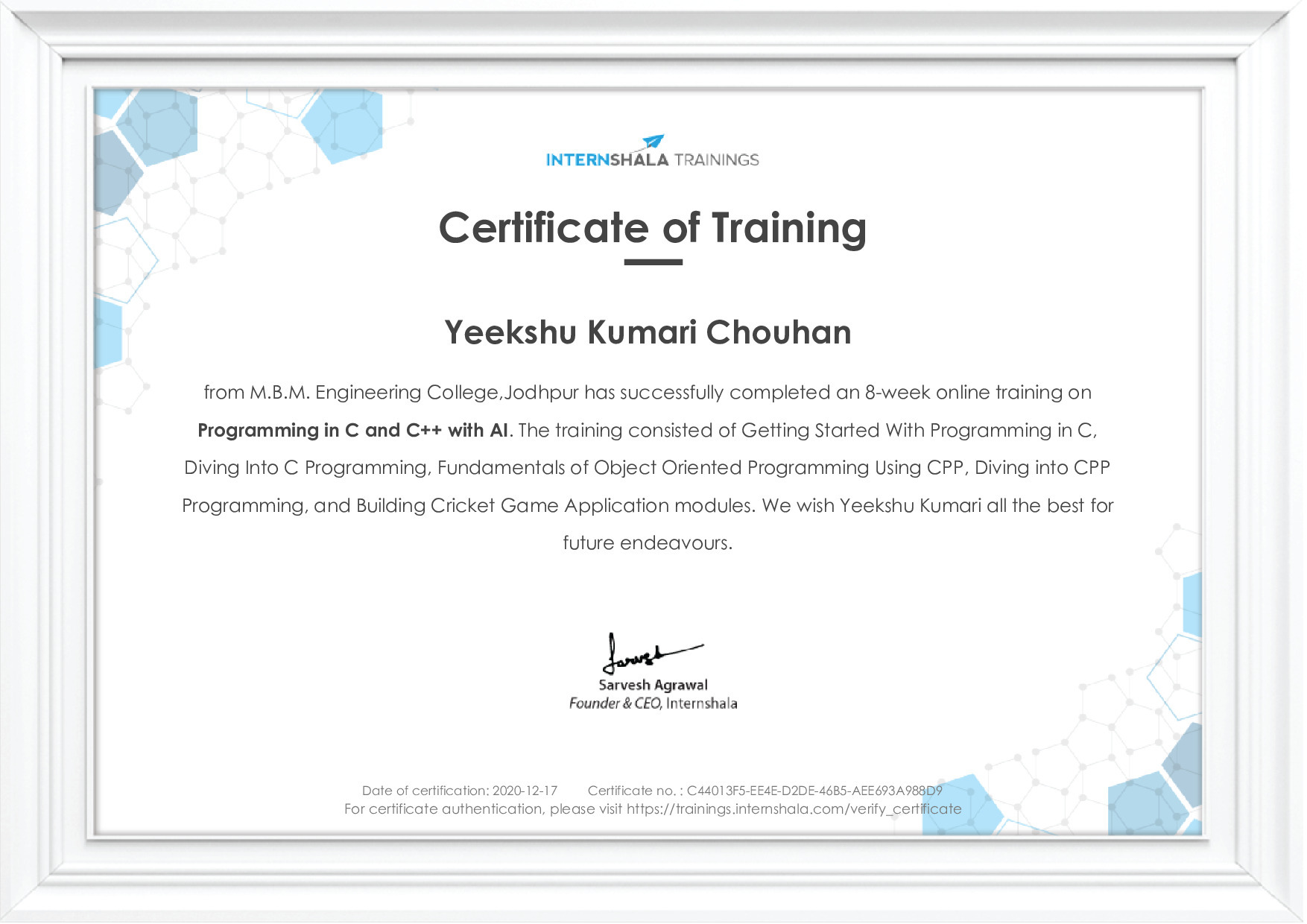Certificate of completion