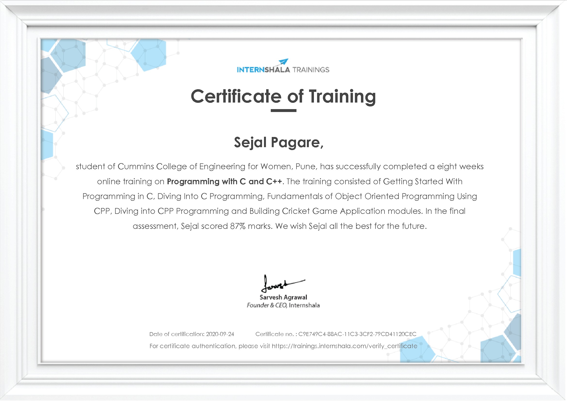 Certificate of completion