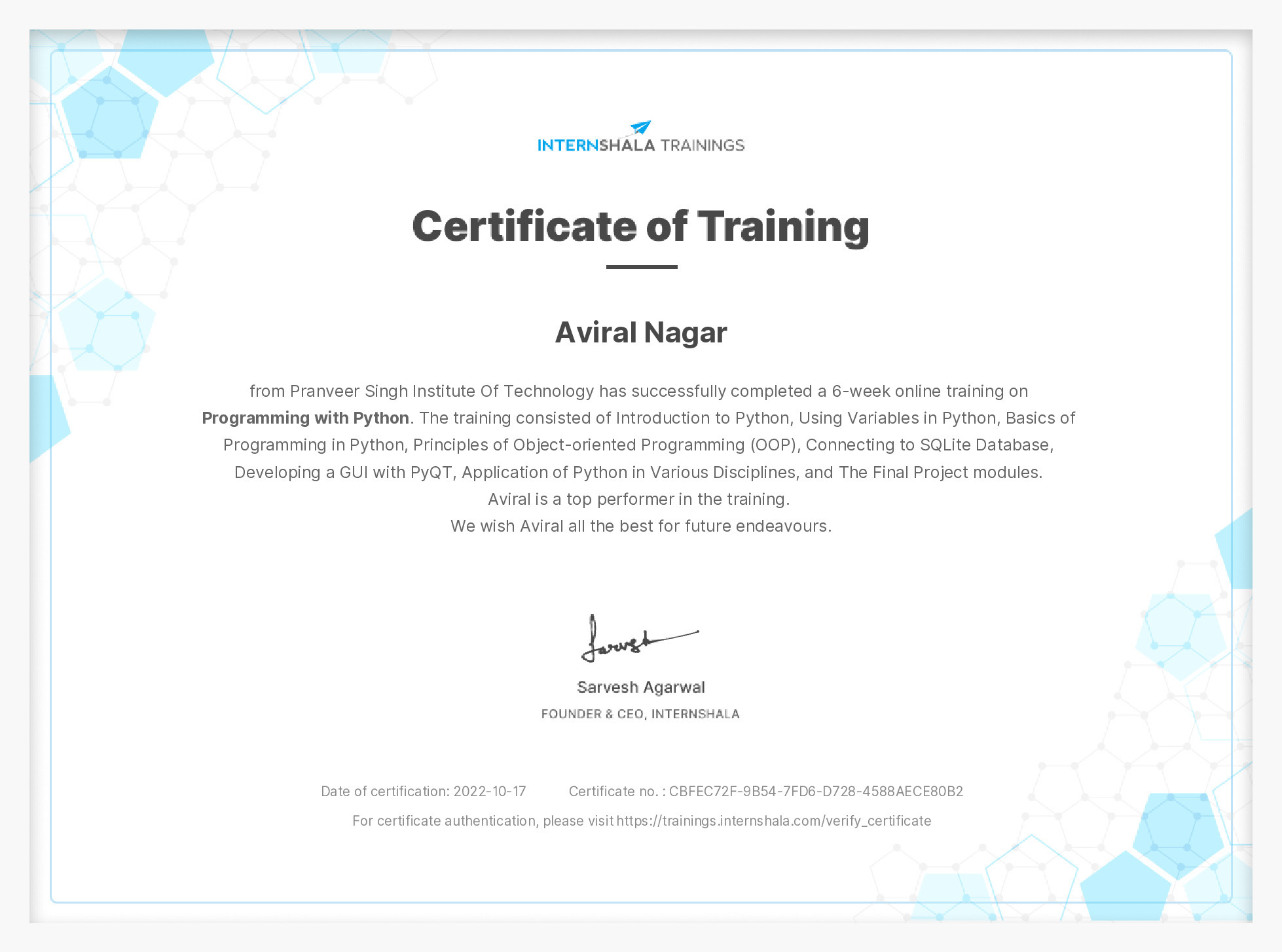 Certificate of completion