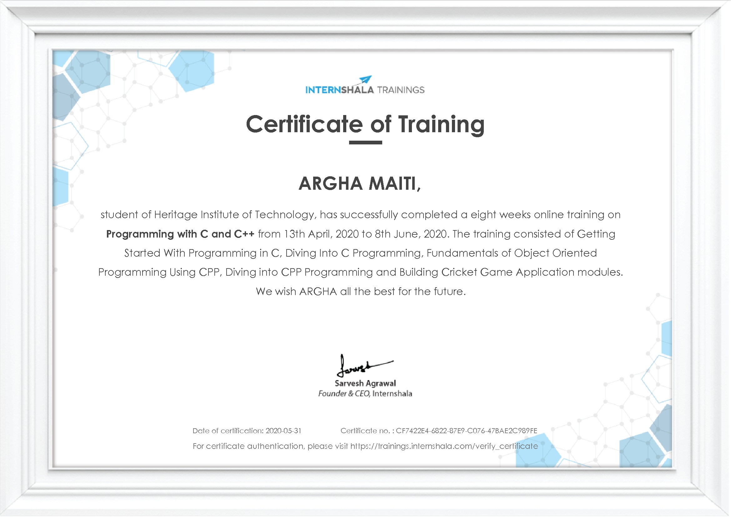 Certificate of completion