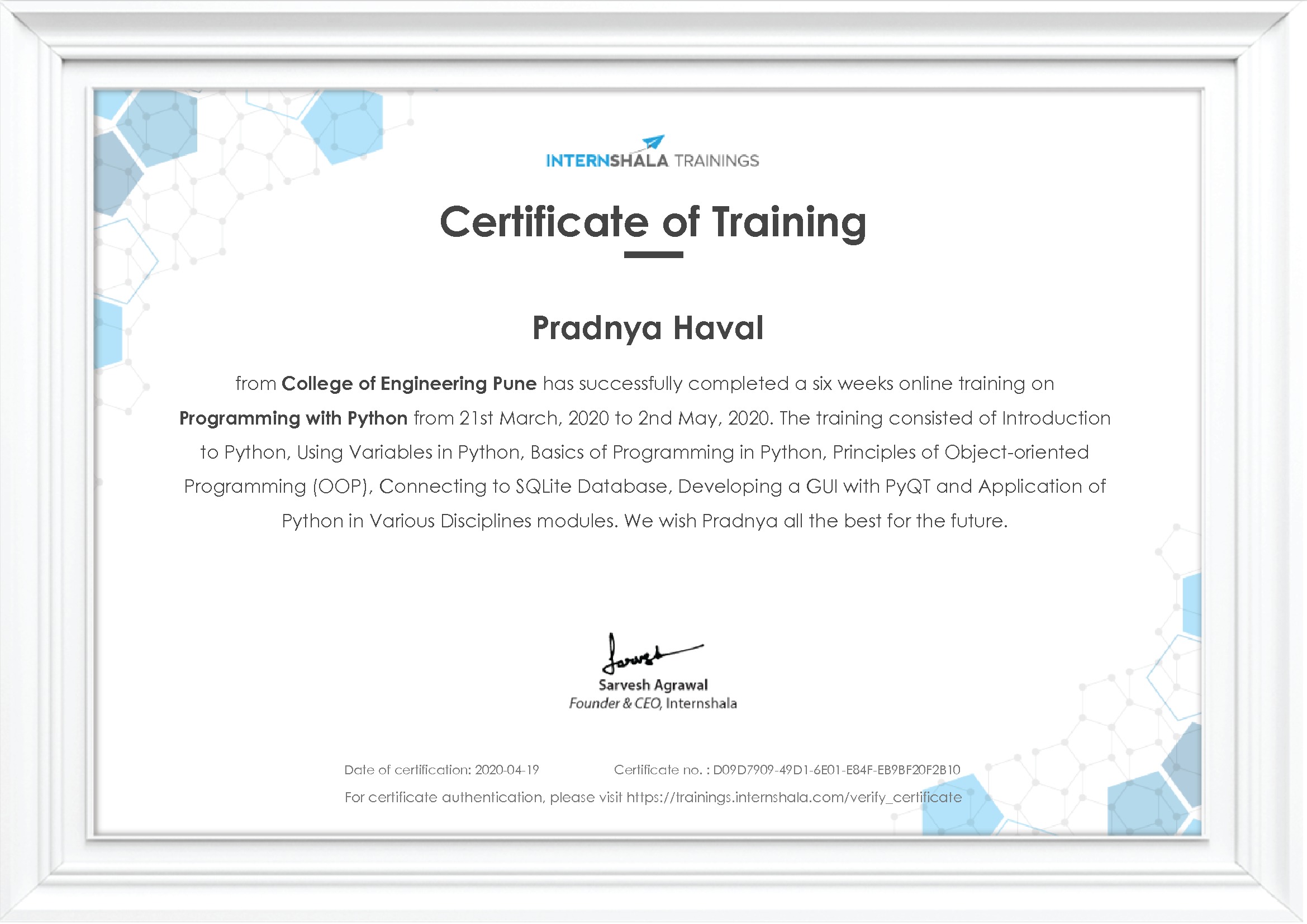 Certificate of completion