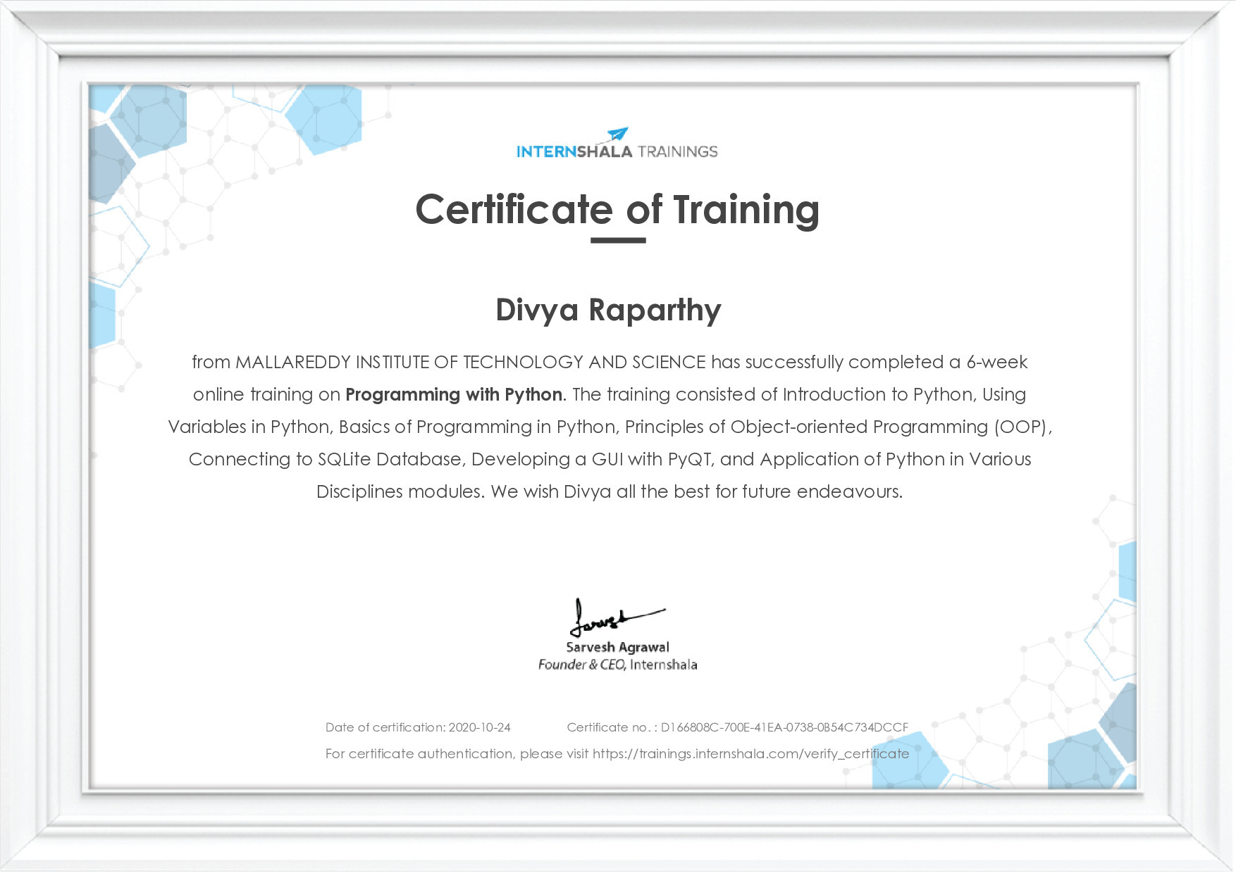 Certificate of completion