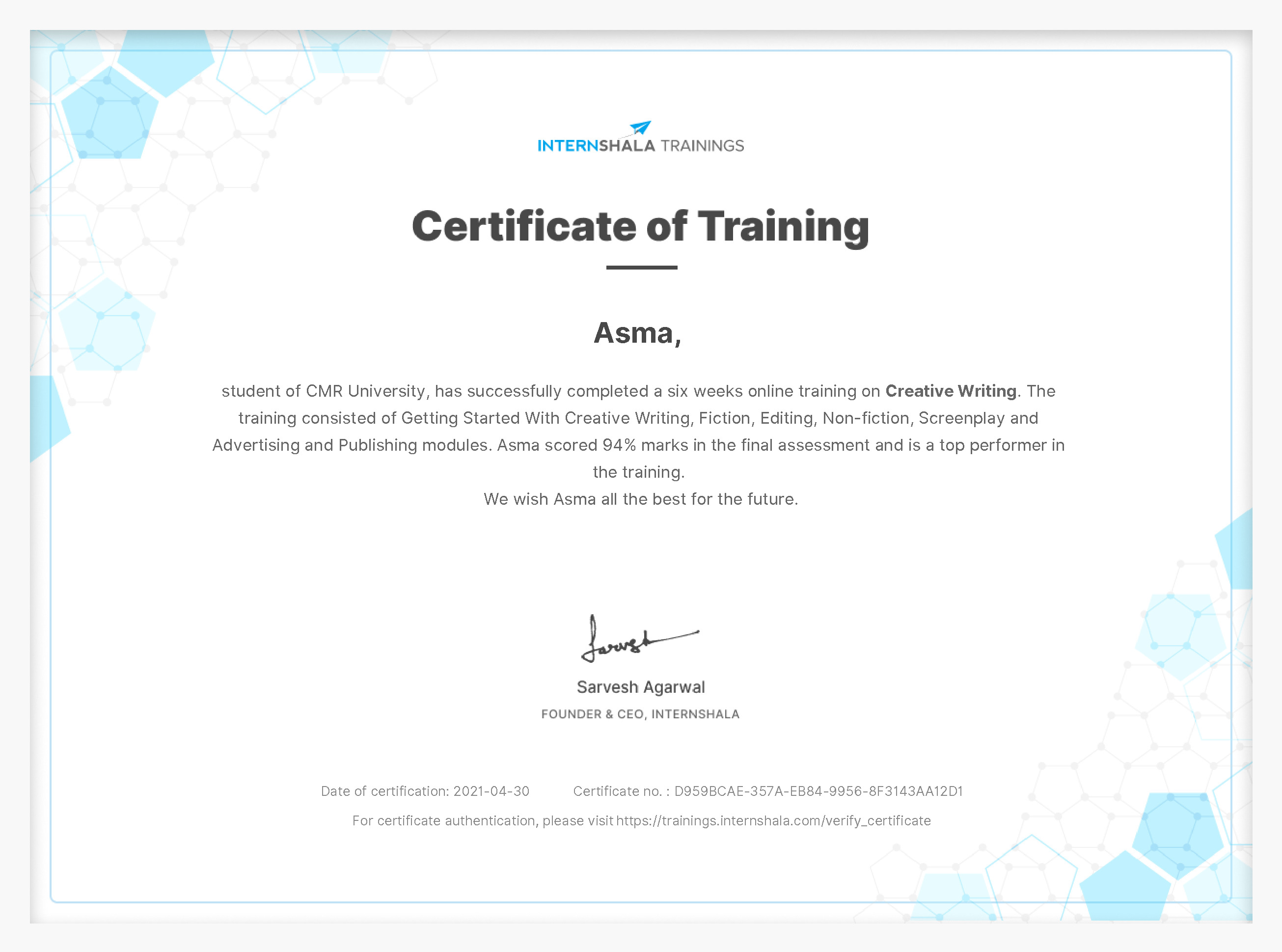 Certificate of completion