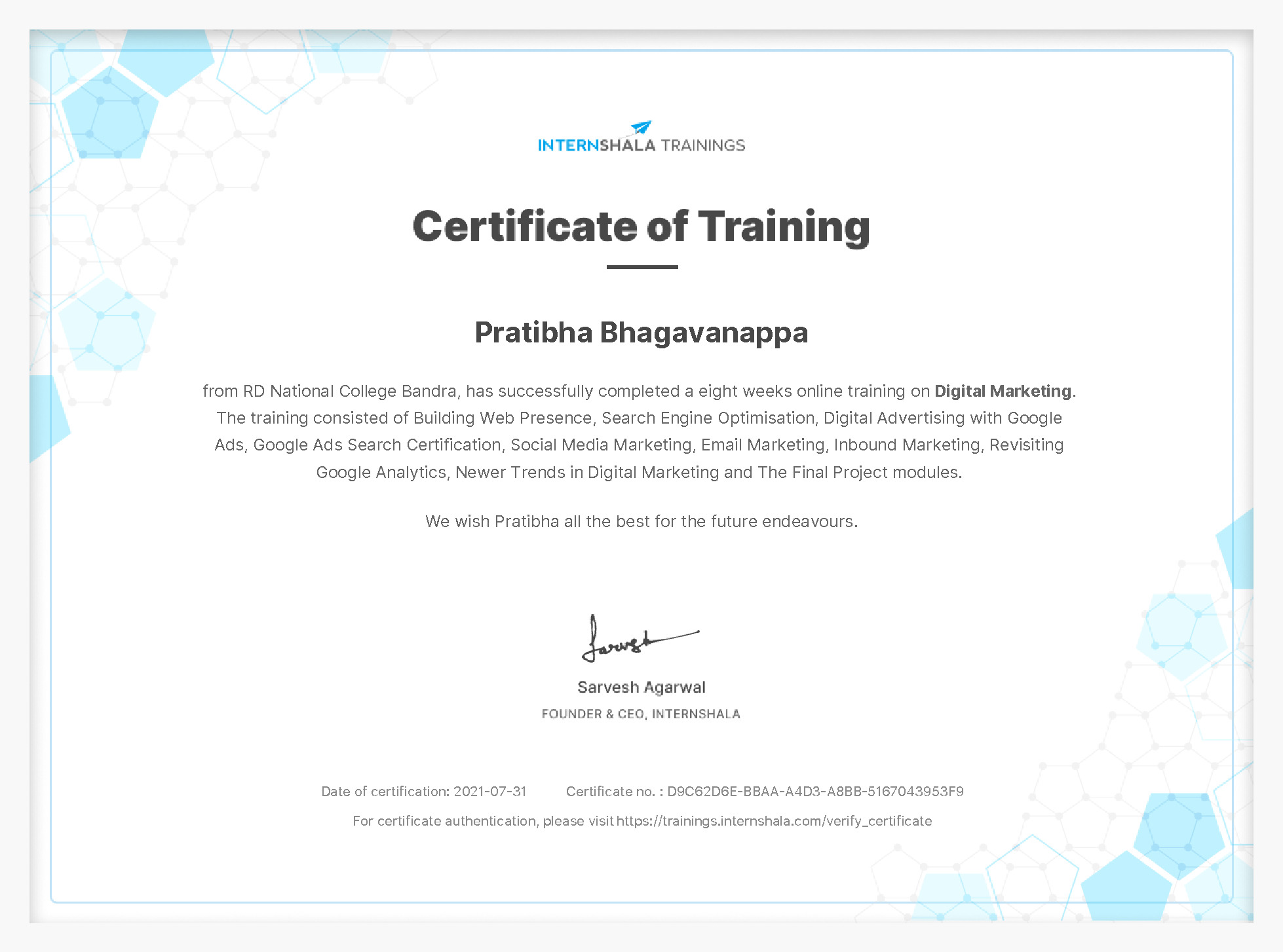 Certificate of completion