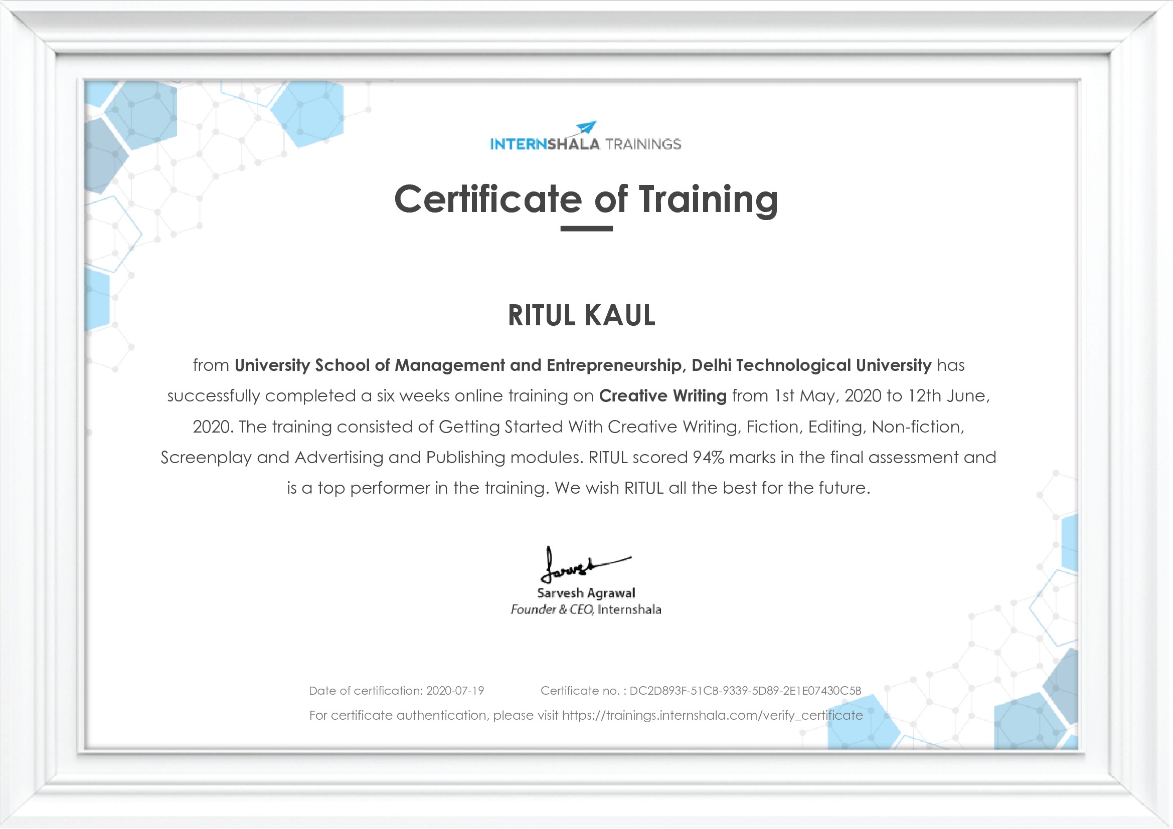 Certificate of completion
