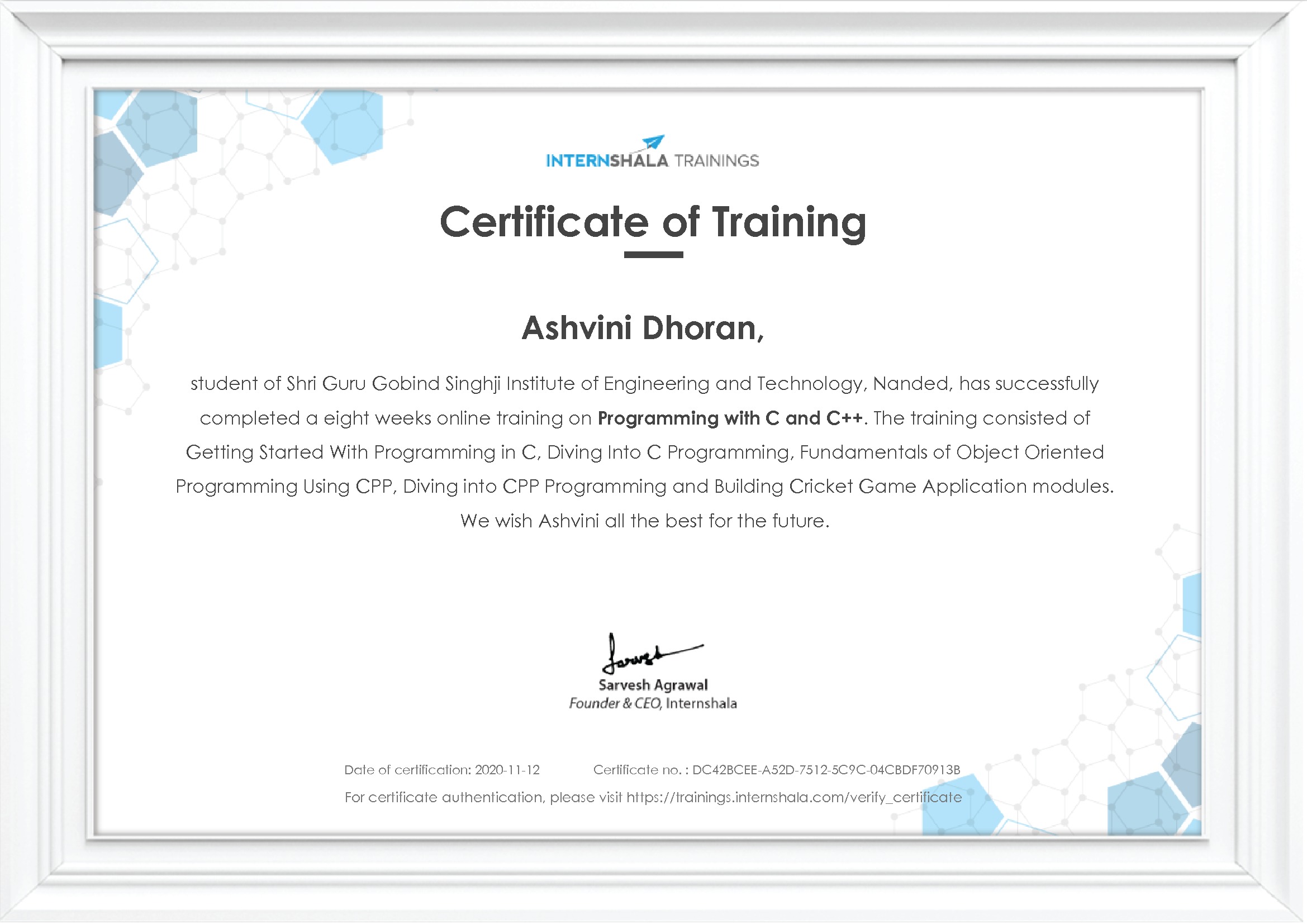 Certificate of completion
