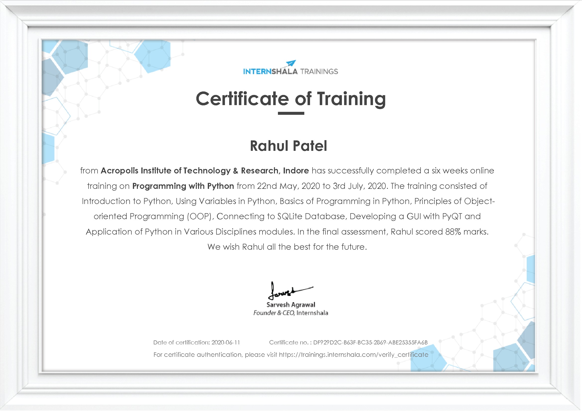 Certificate of completion