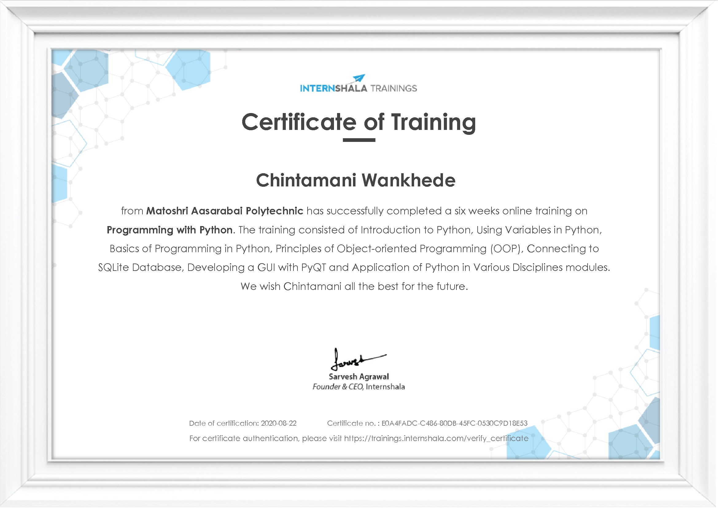 Certificate of completion