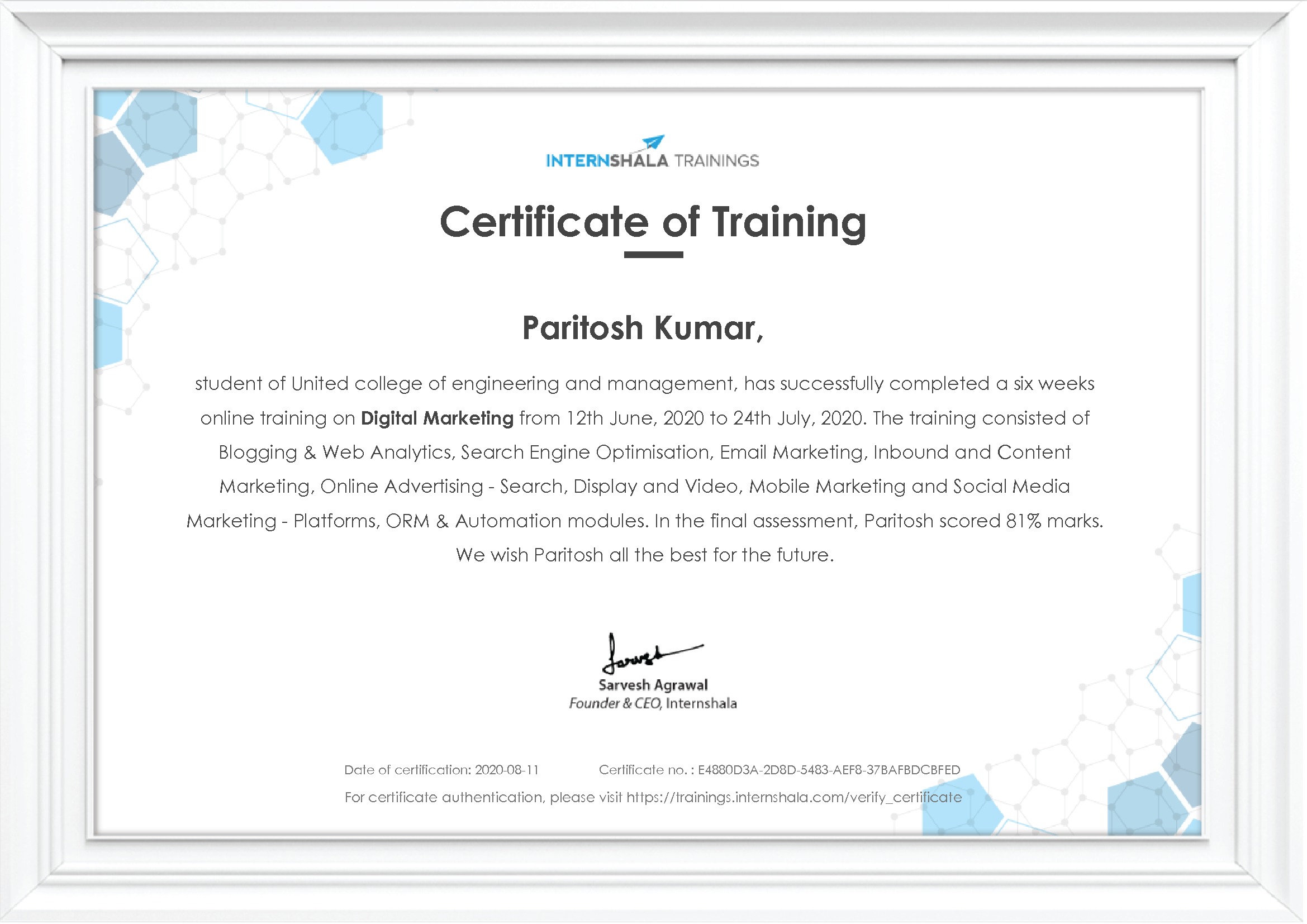 Certificate of completion