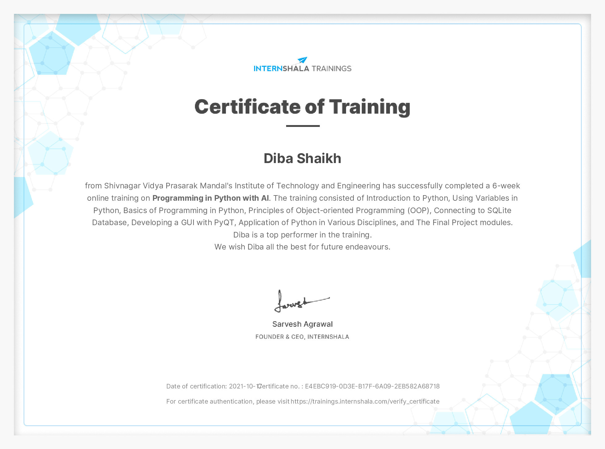 Certificate of completion