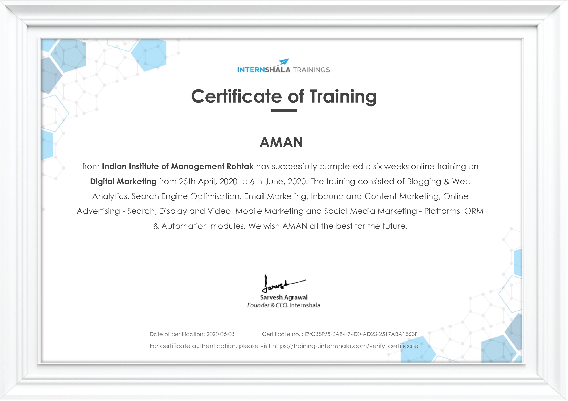 Certificate of completion