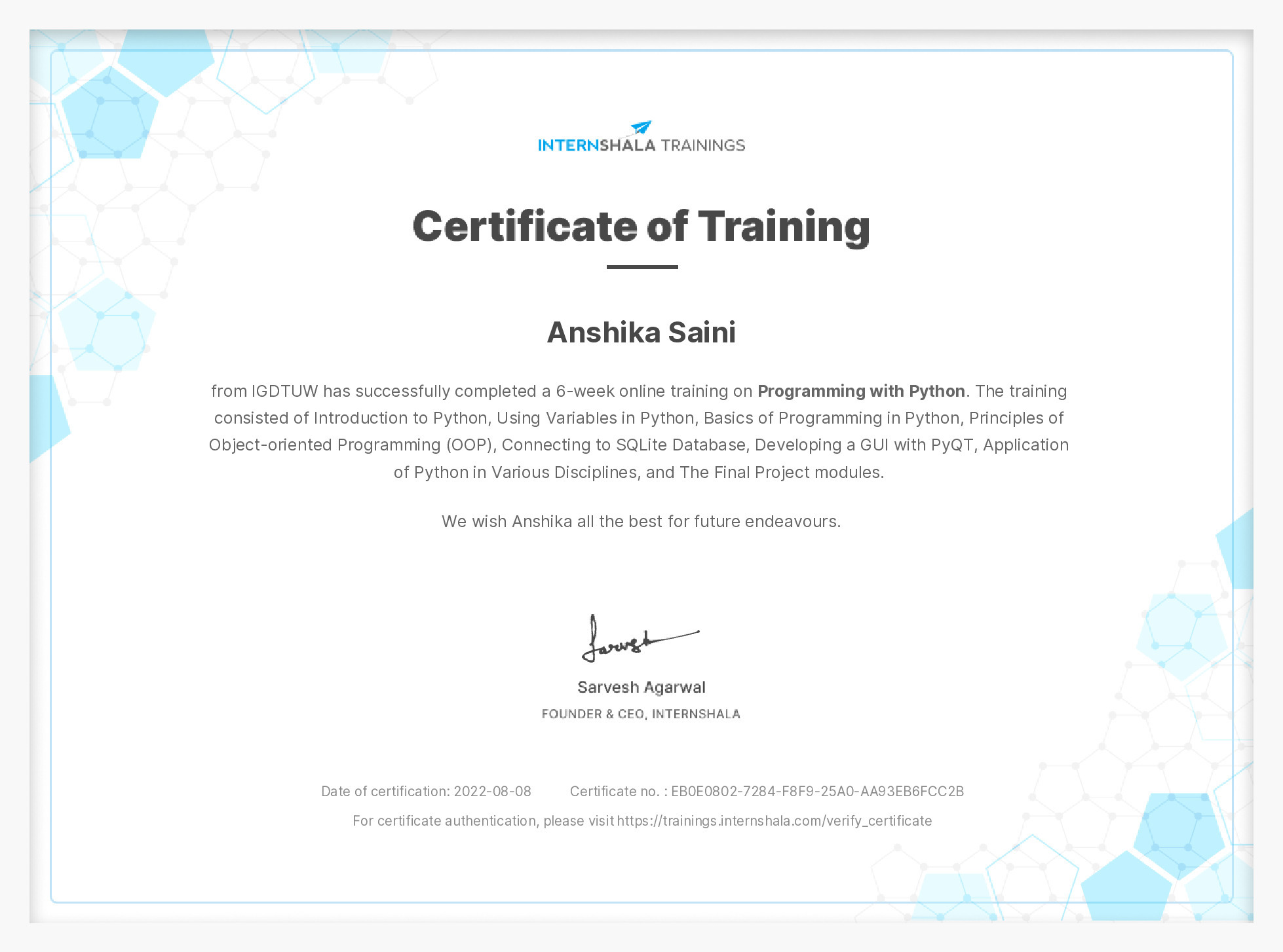 Certificate of completion
