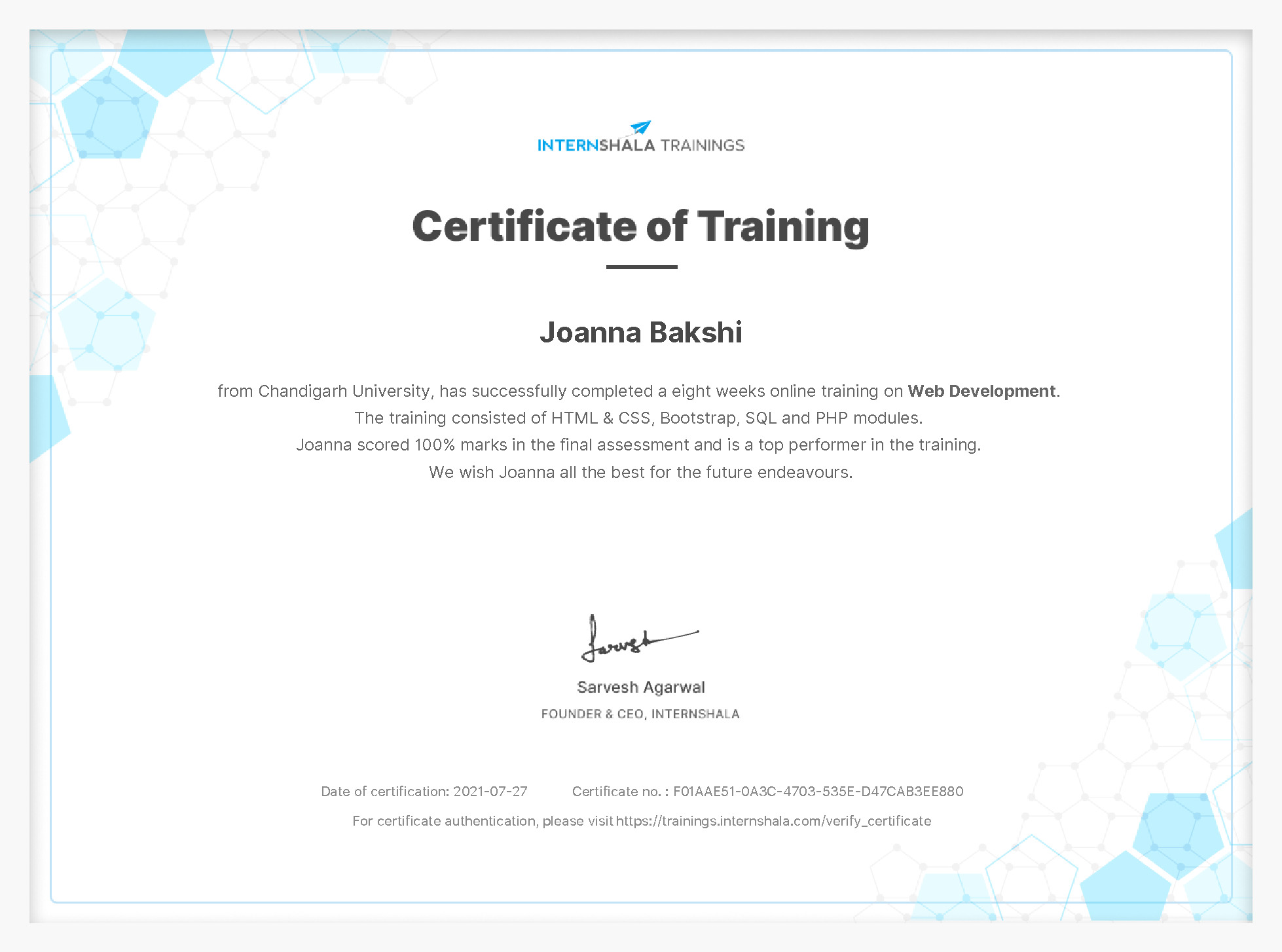 Certificate of completion