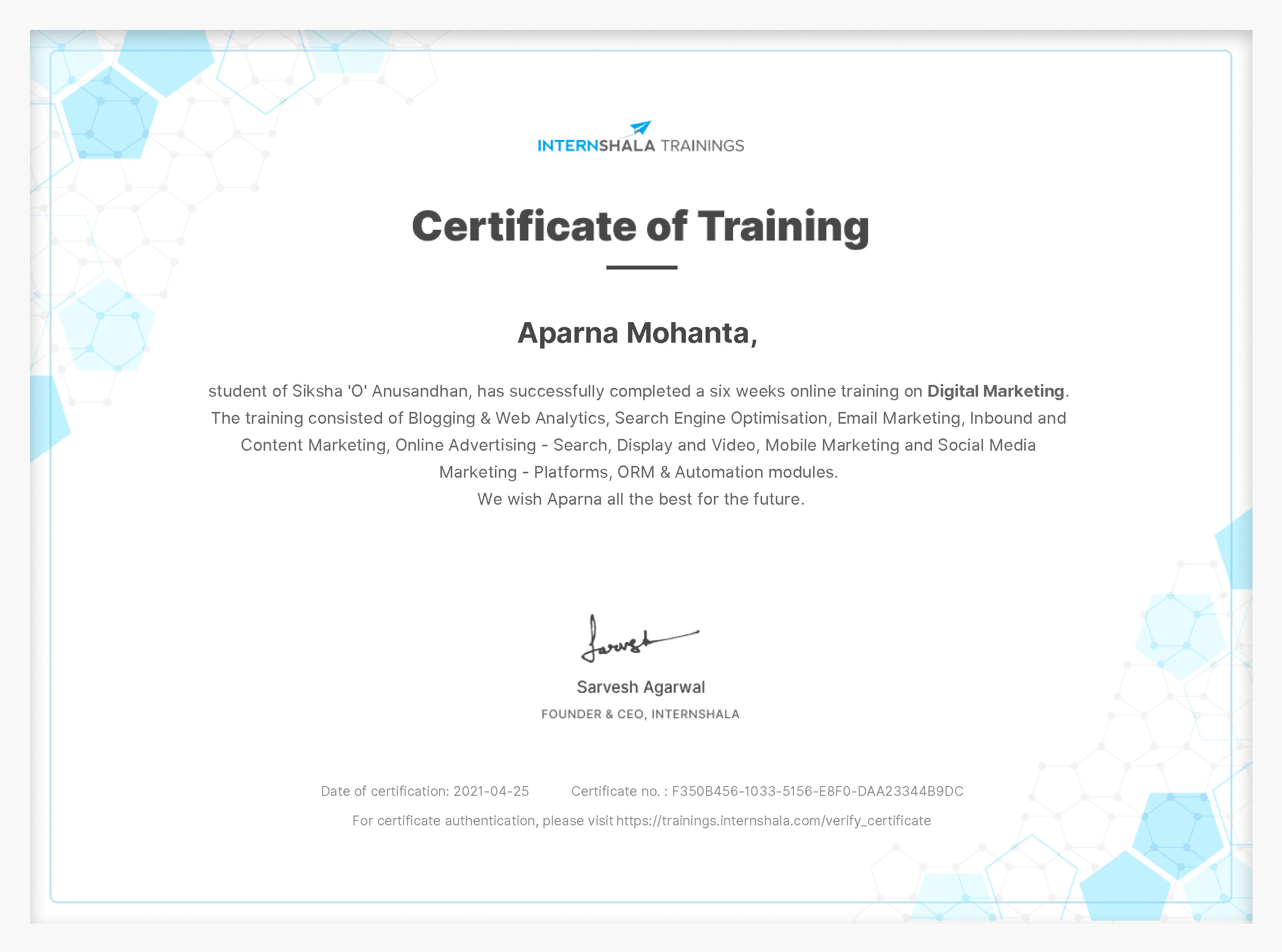 Certificate of completion