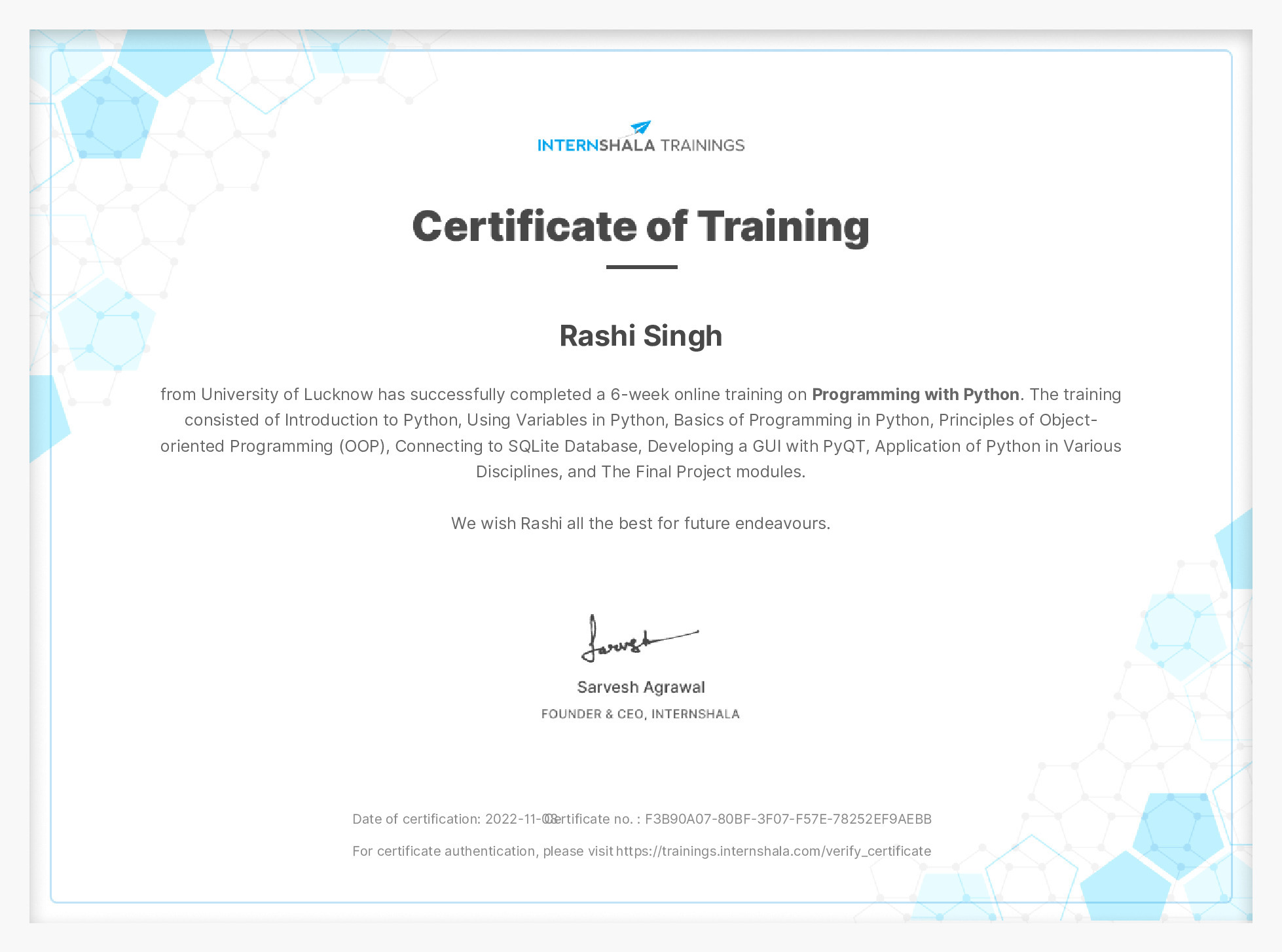 Certificate of completion