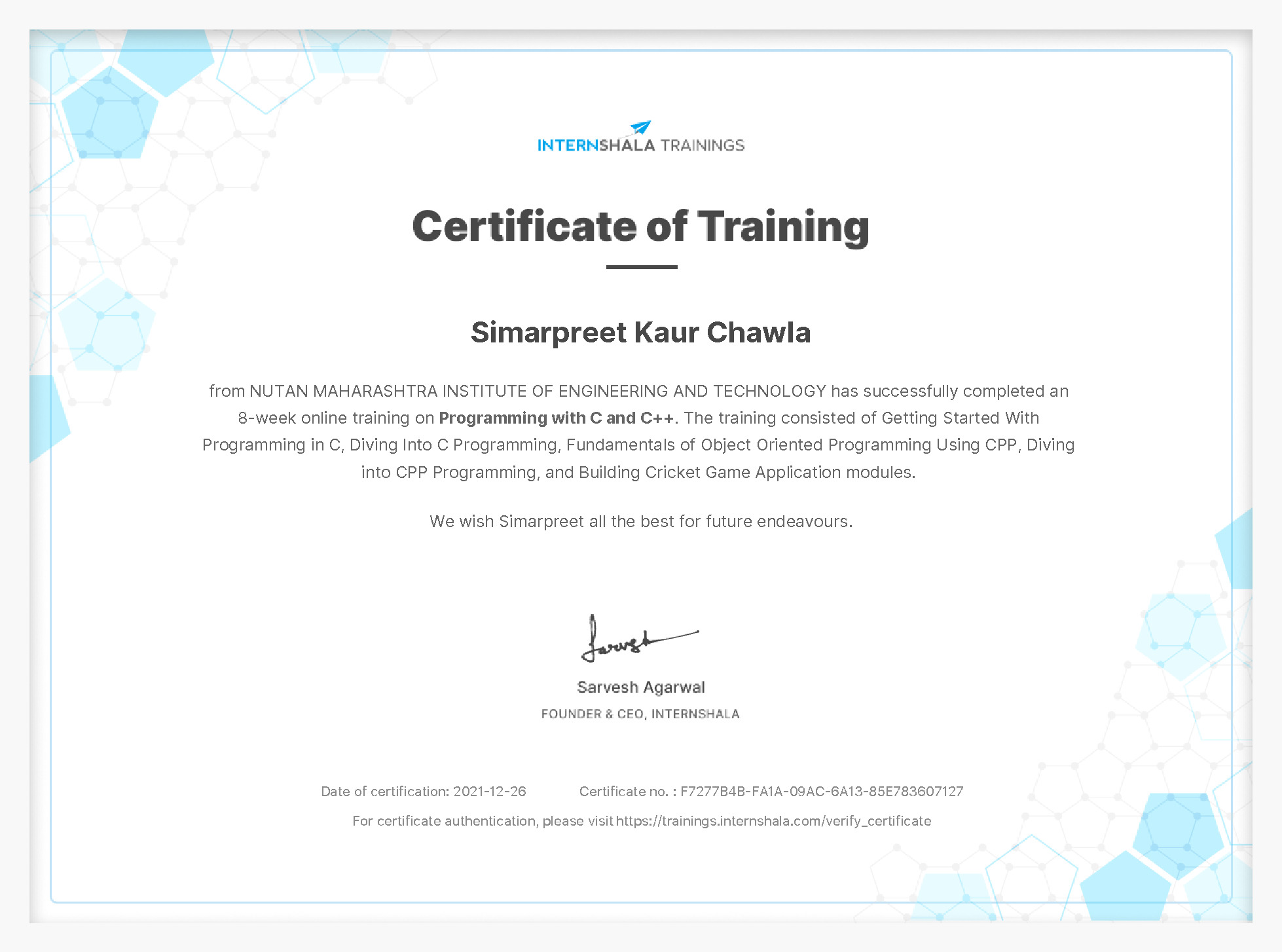 Certificate of completion