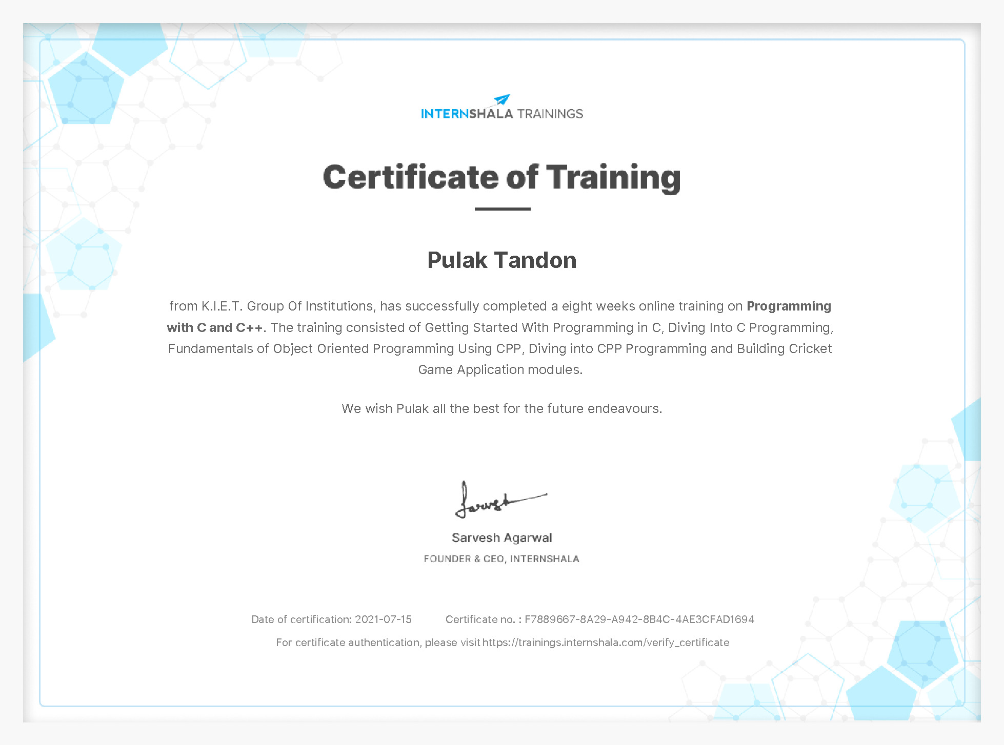 Certificate of completion