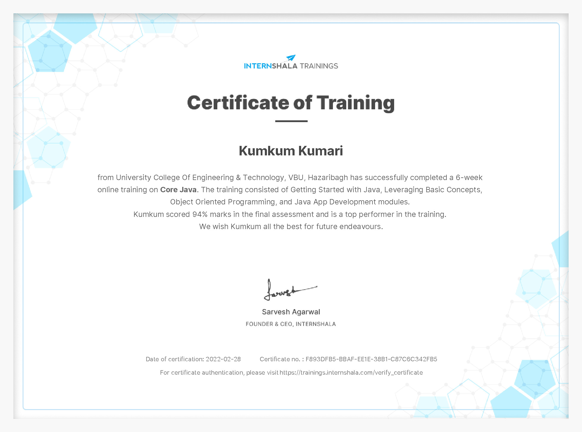 Certificate of completion