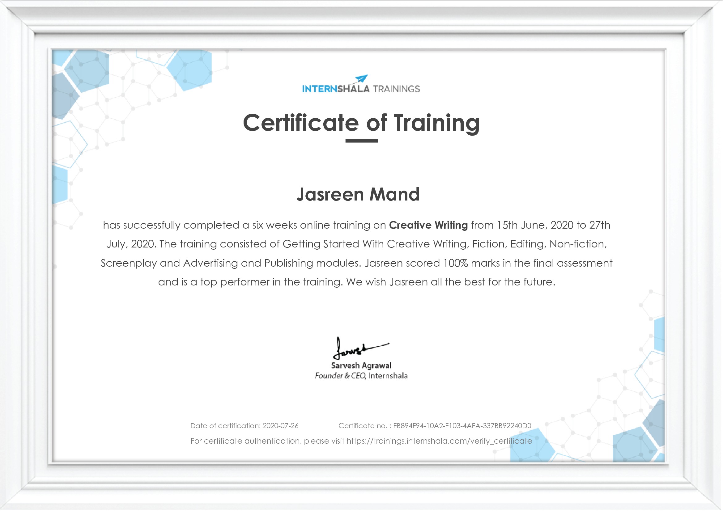 Certificate of completion