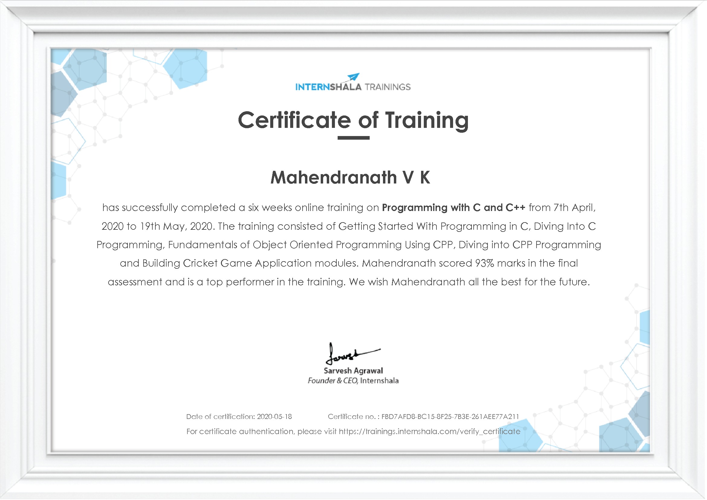 Certificate of completion