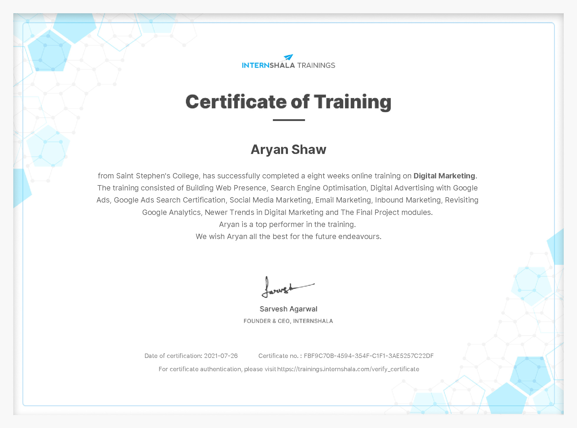 Certificate of completion