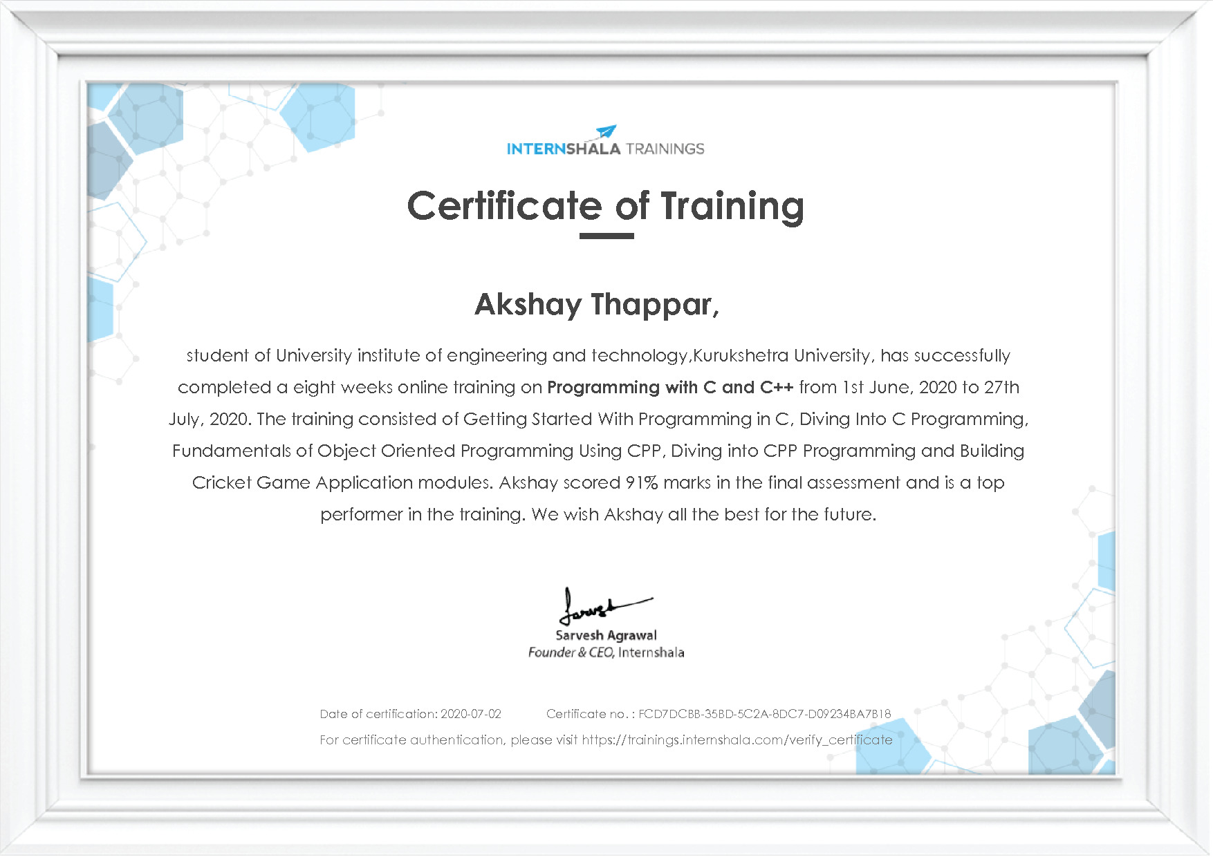 Certificate of completion
