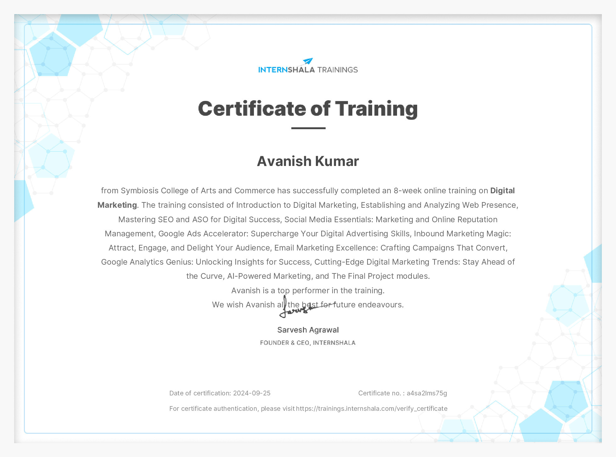 Certificate of completion