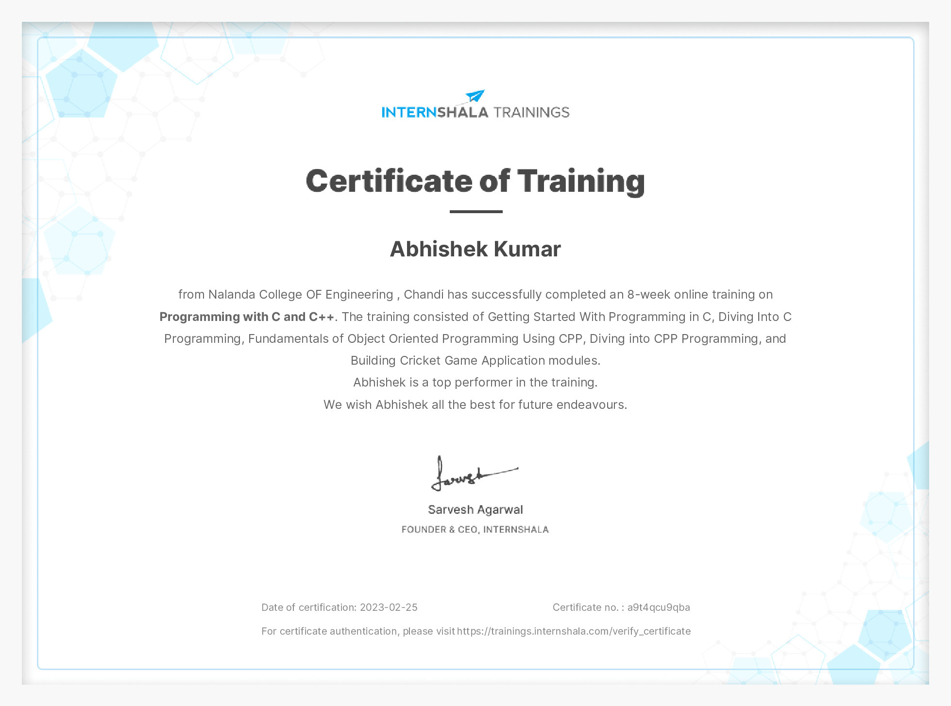 Certificate of completion