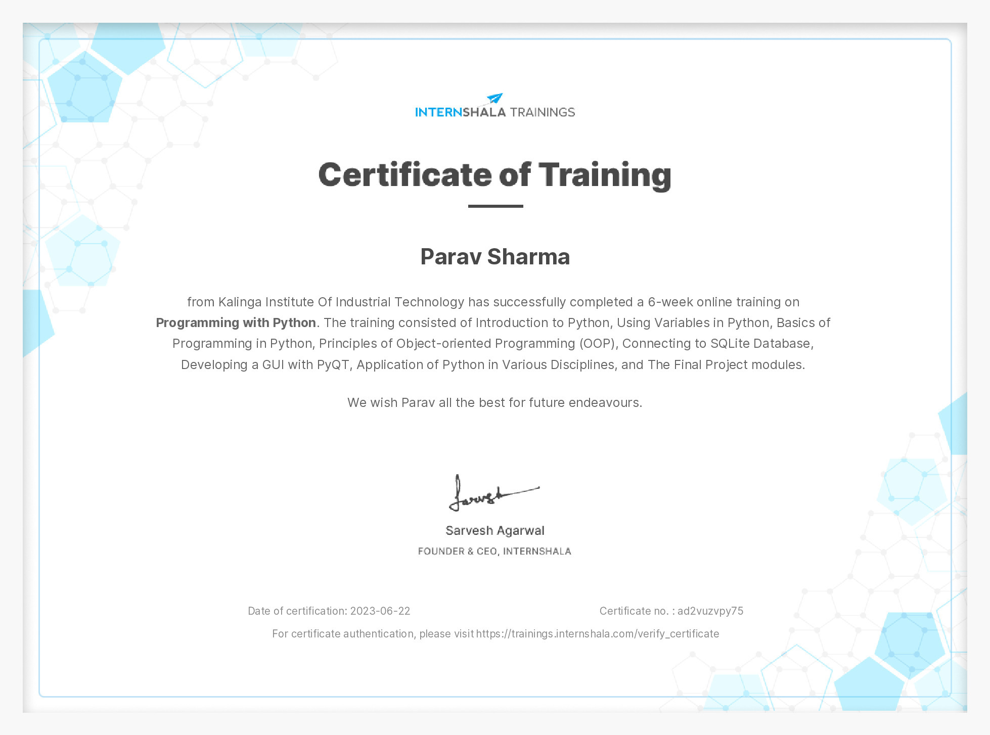 Certificate of completion