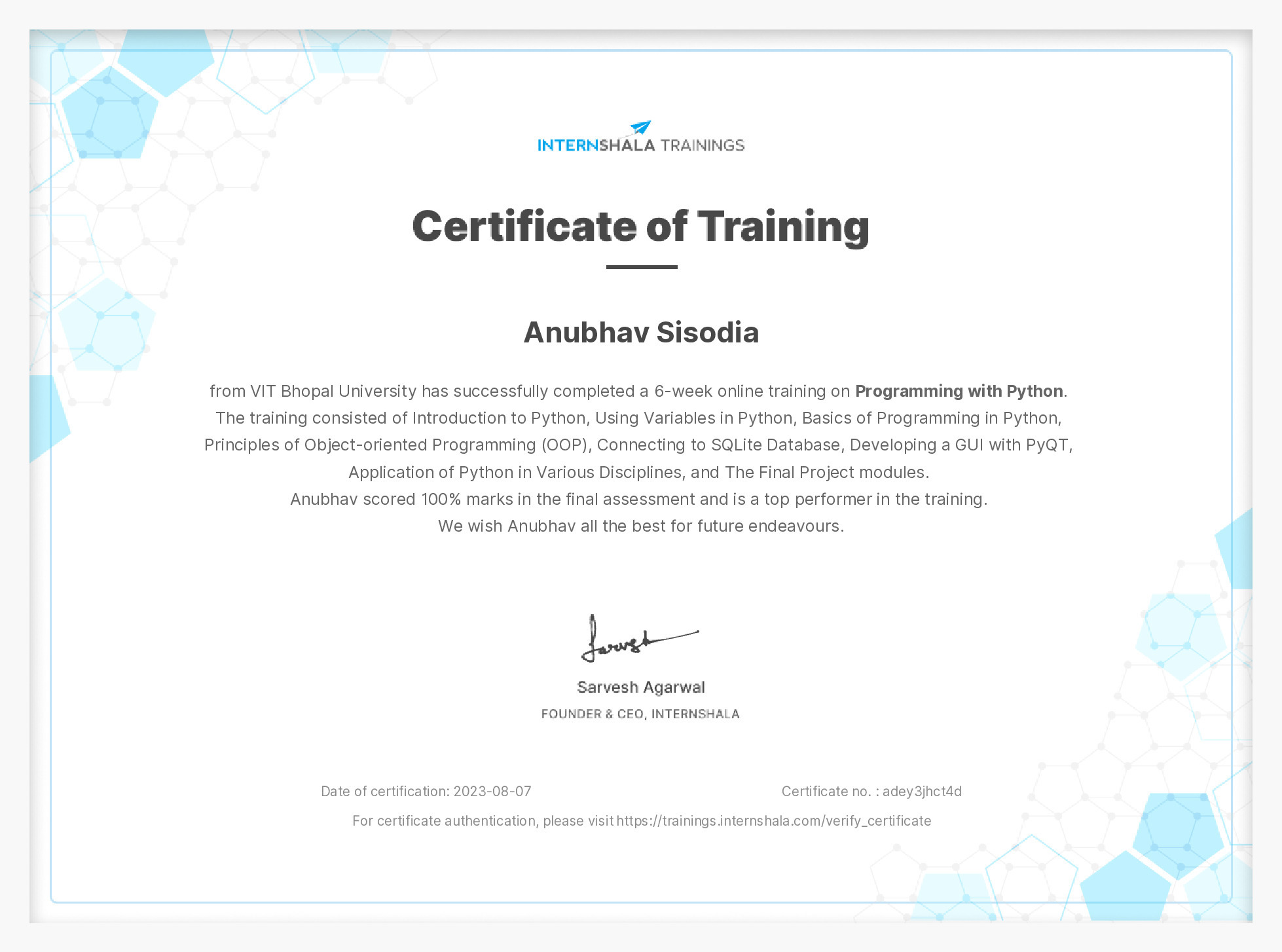 Certificate of completion