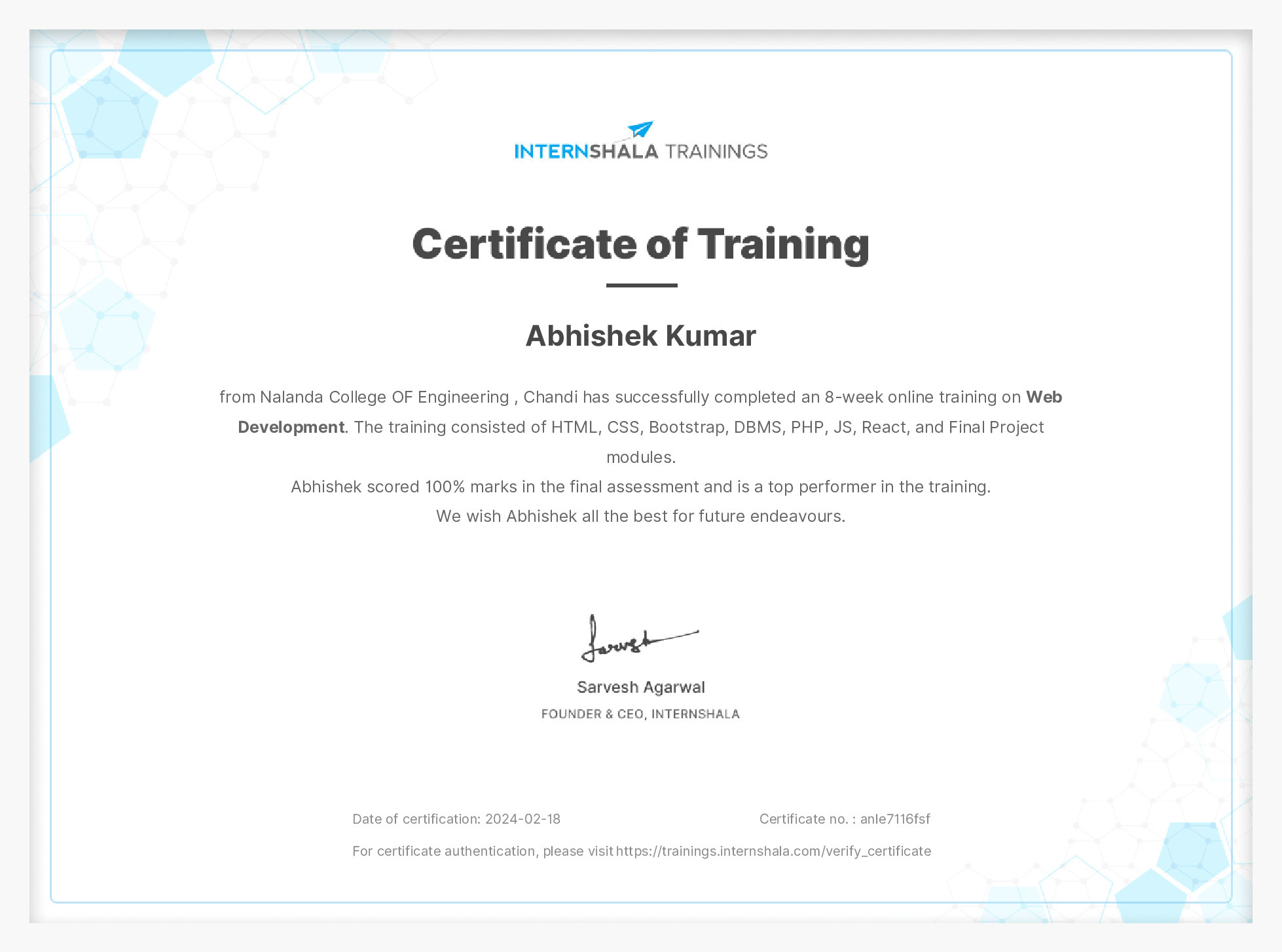 Certificate of completion