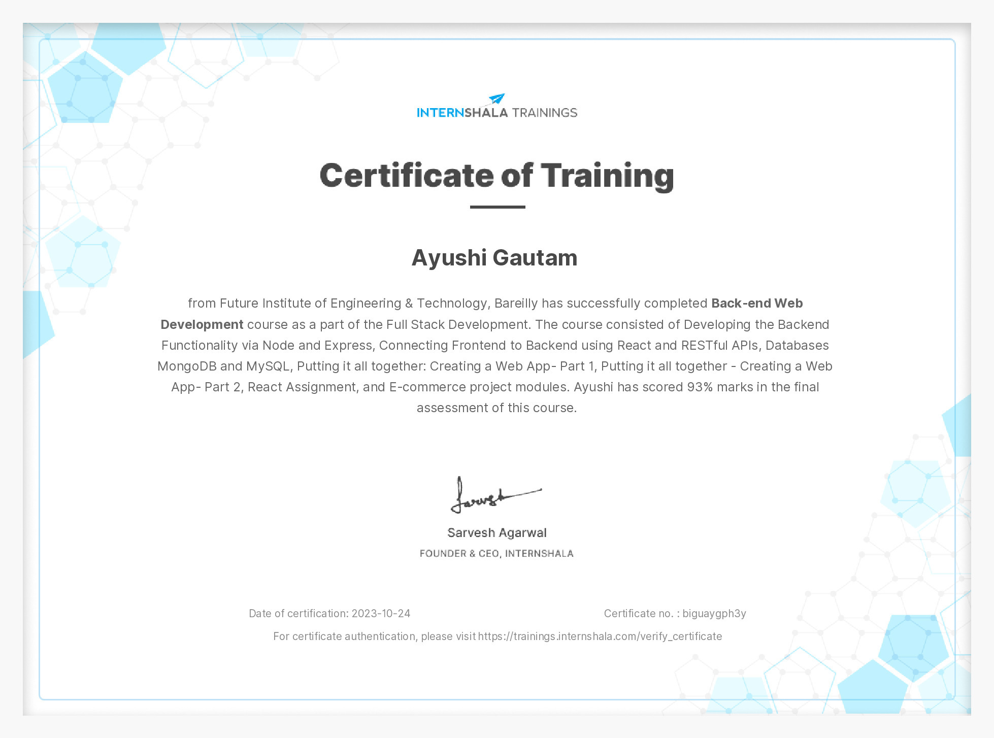 Certificate of completion