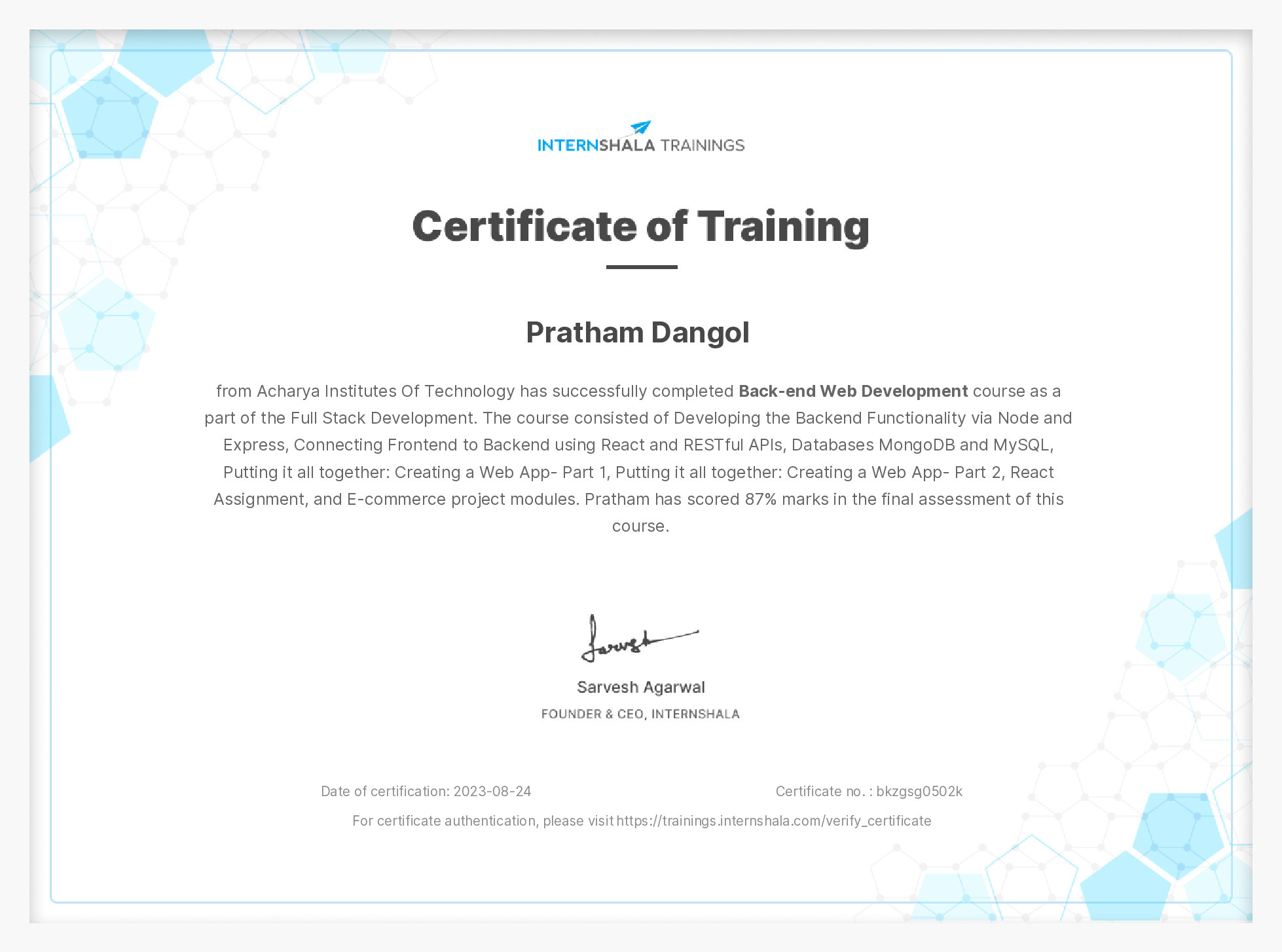Certificate of completion