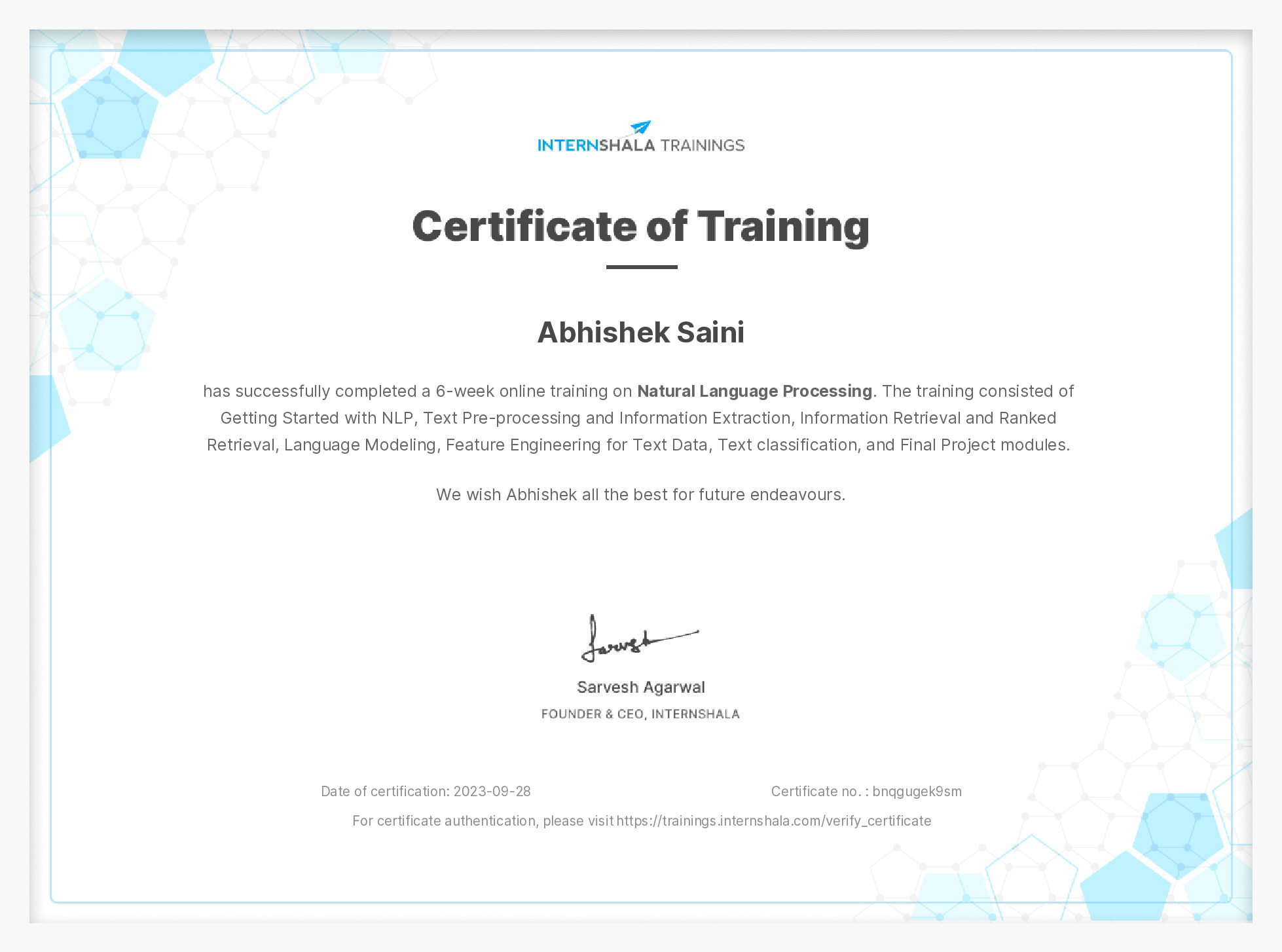 Certificate of completion
