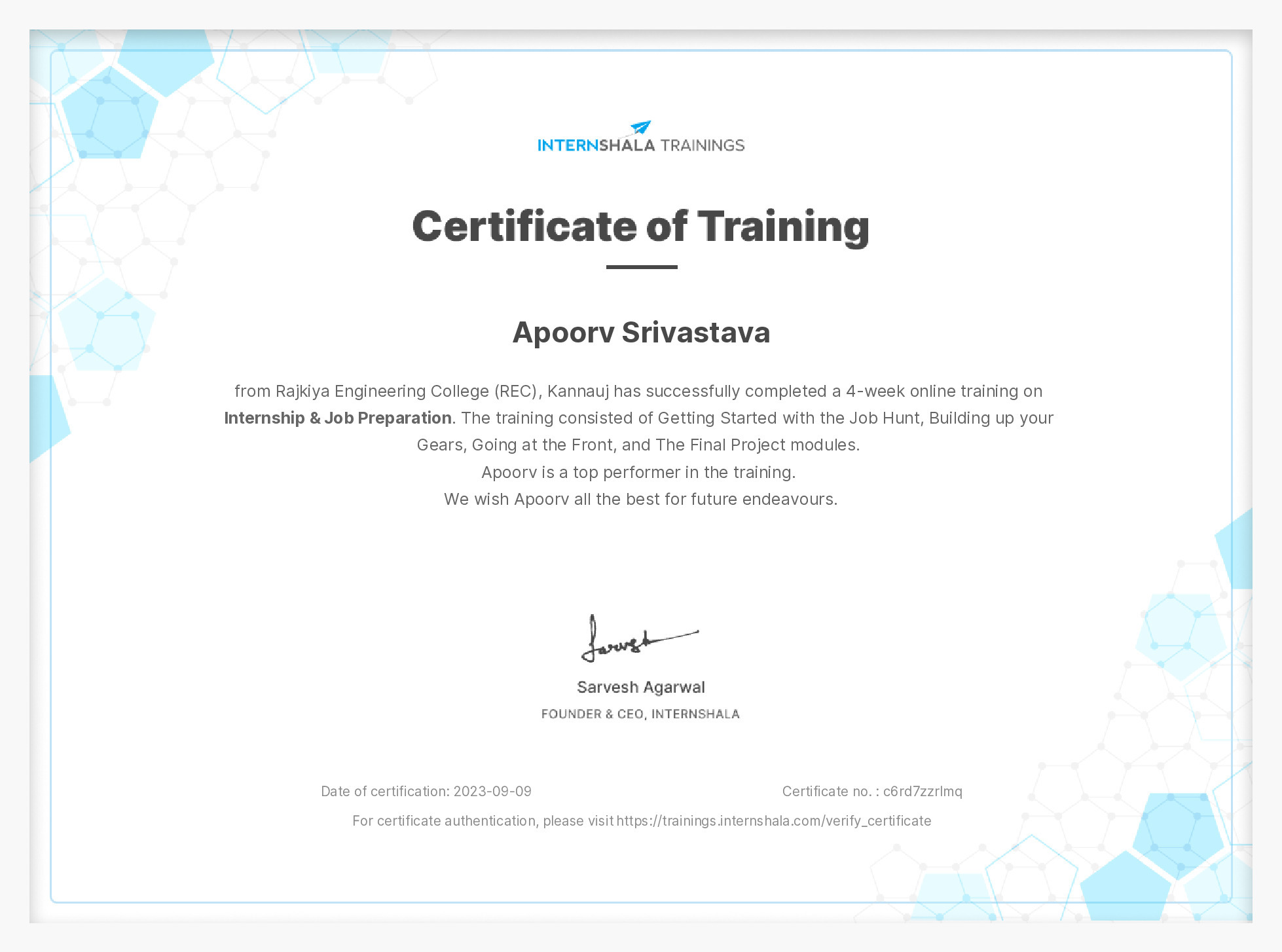 Certificate of completion
