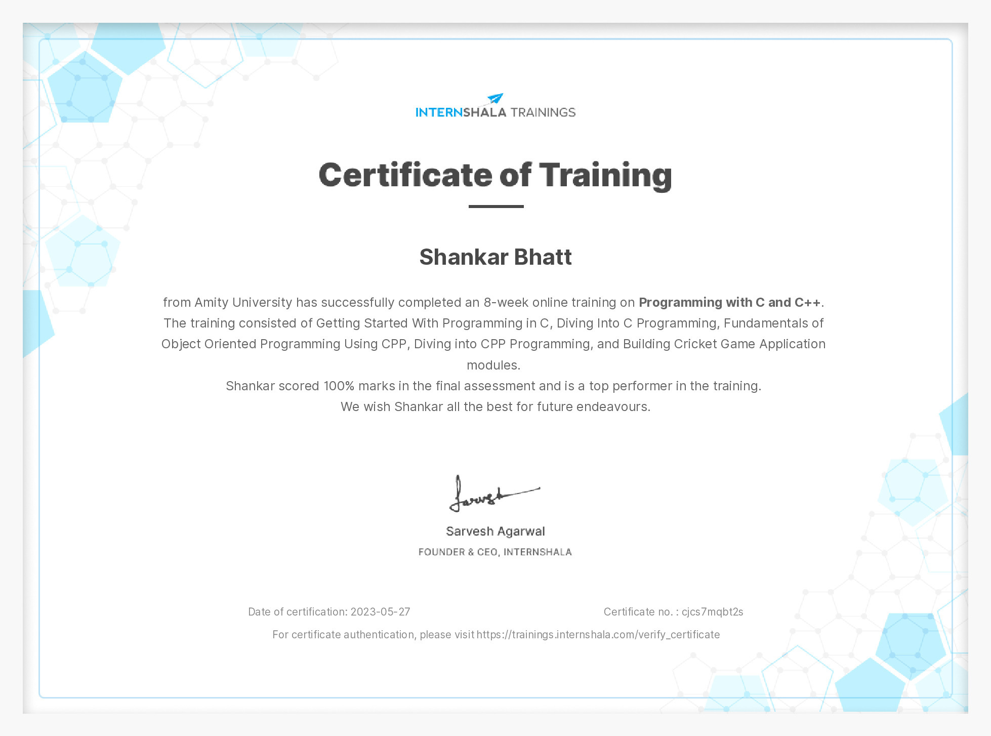 Certificate of completion