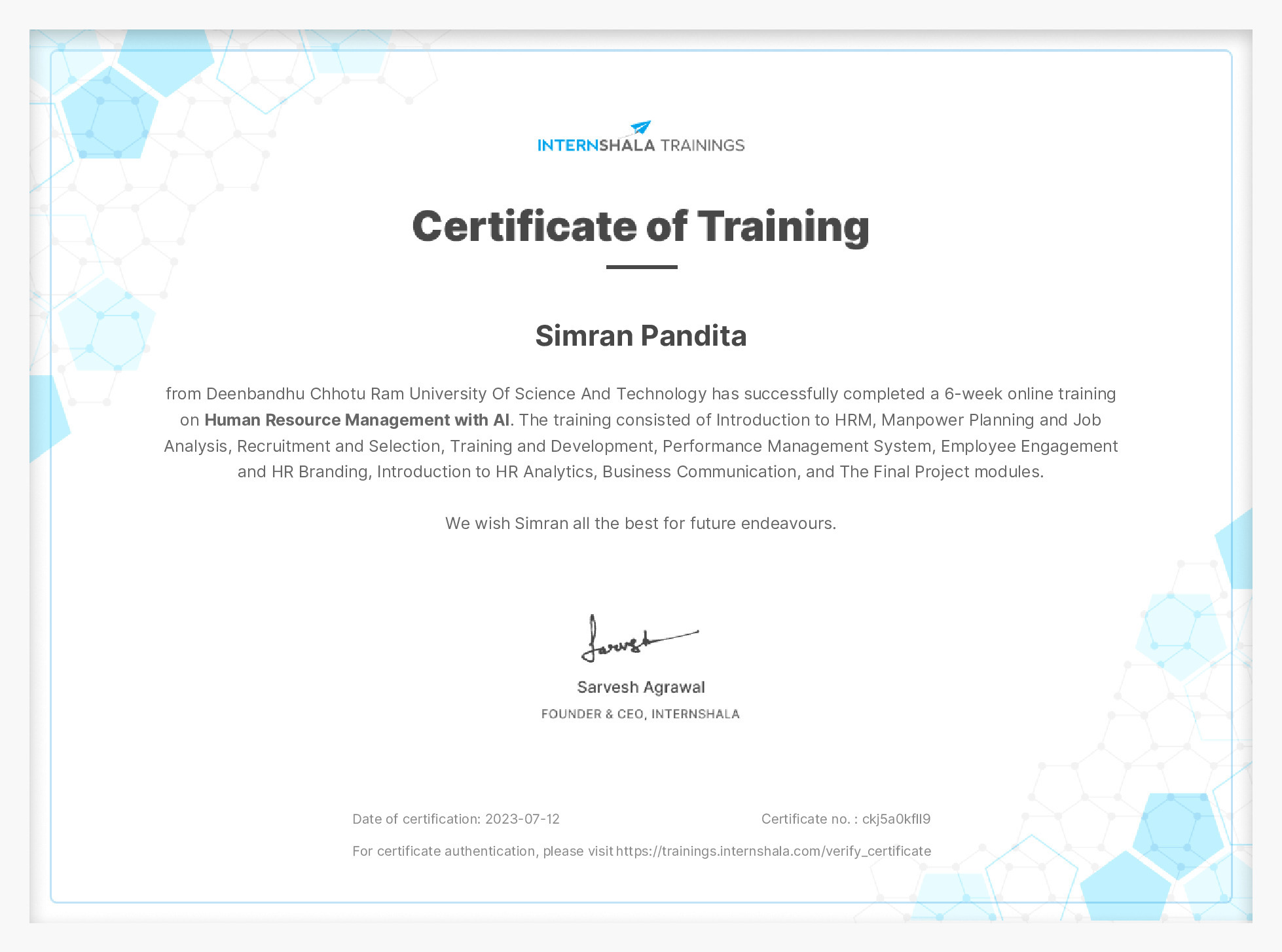 Certificate of completion