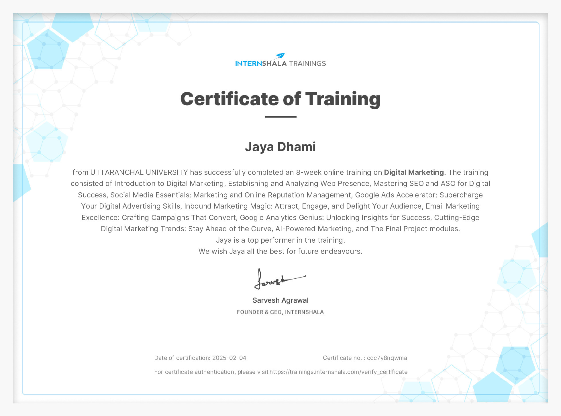 Certificate of completion