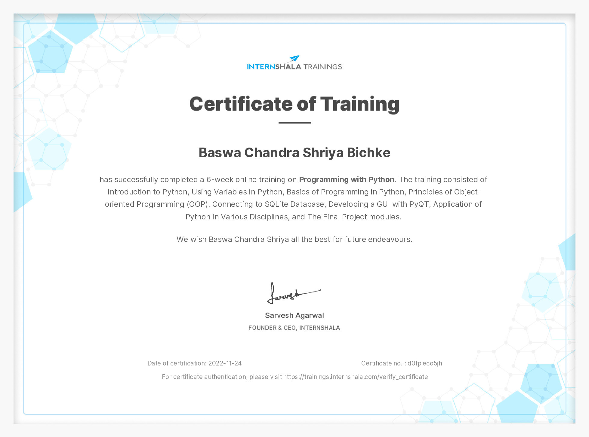Certificate of completion