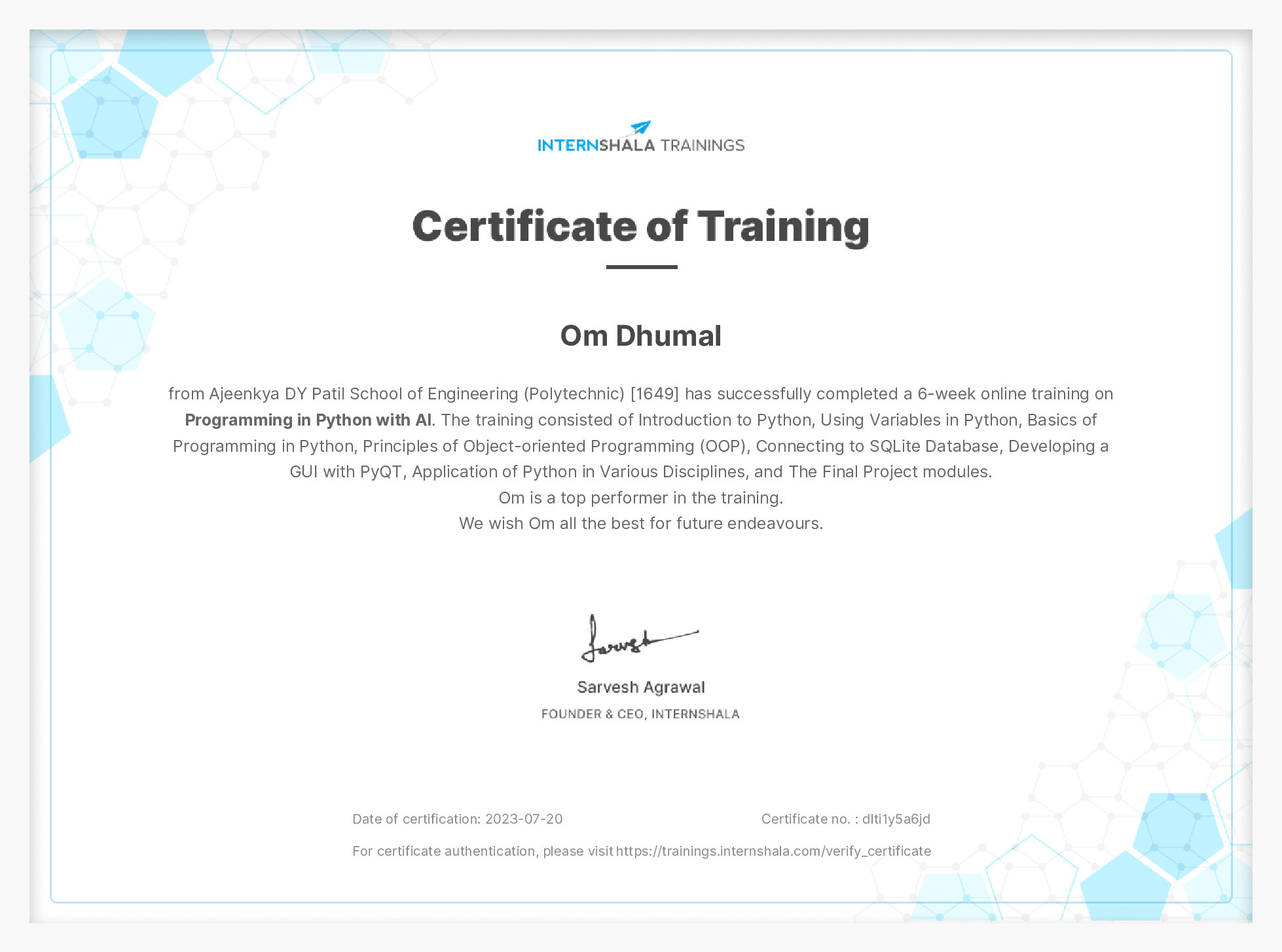 Certificate of completion