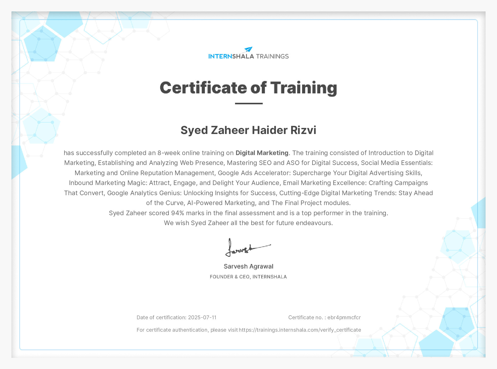Certificate of completion