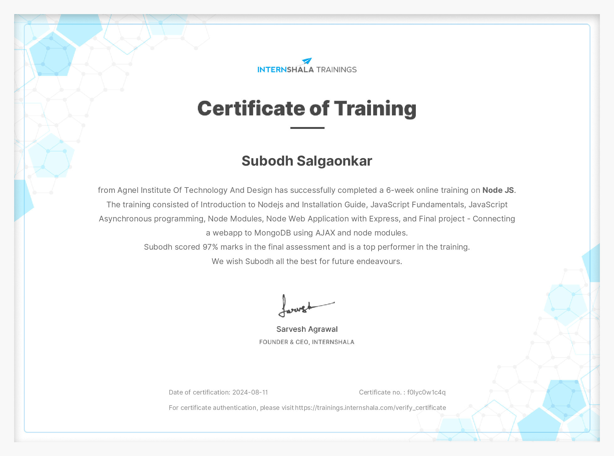 Certificate of completion