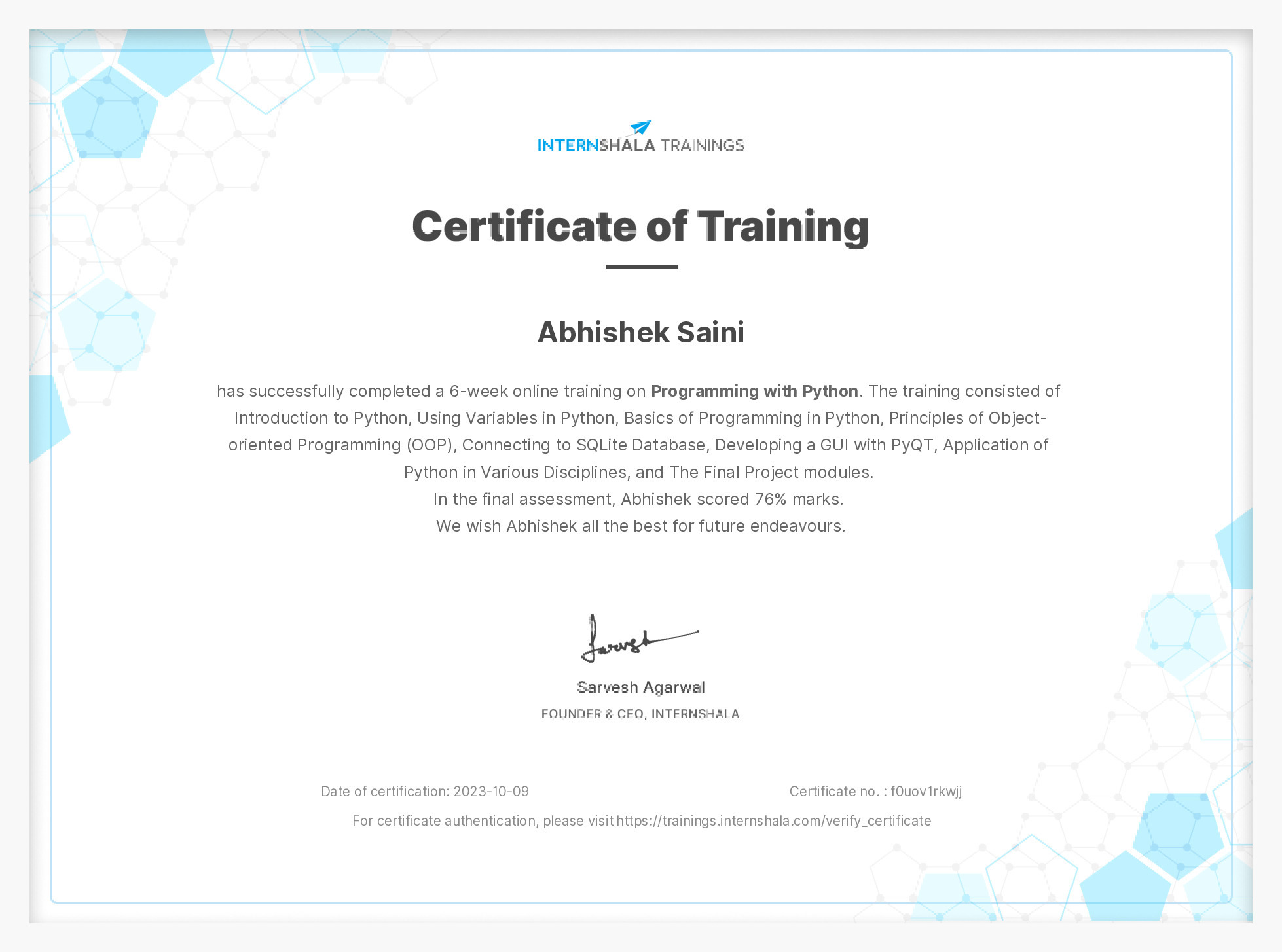 Certificate of completion