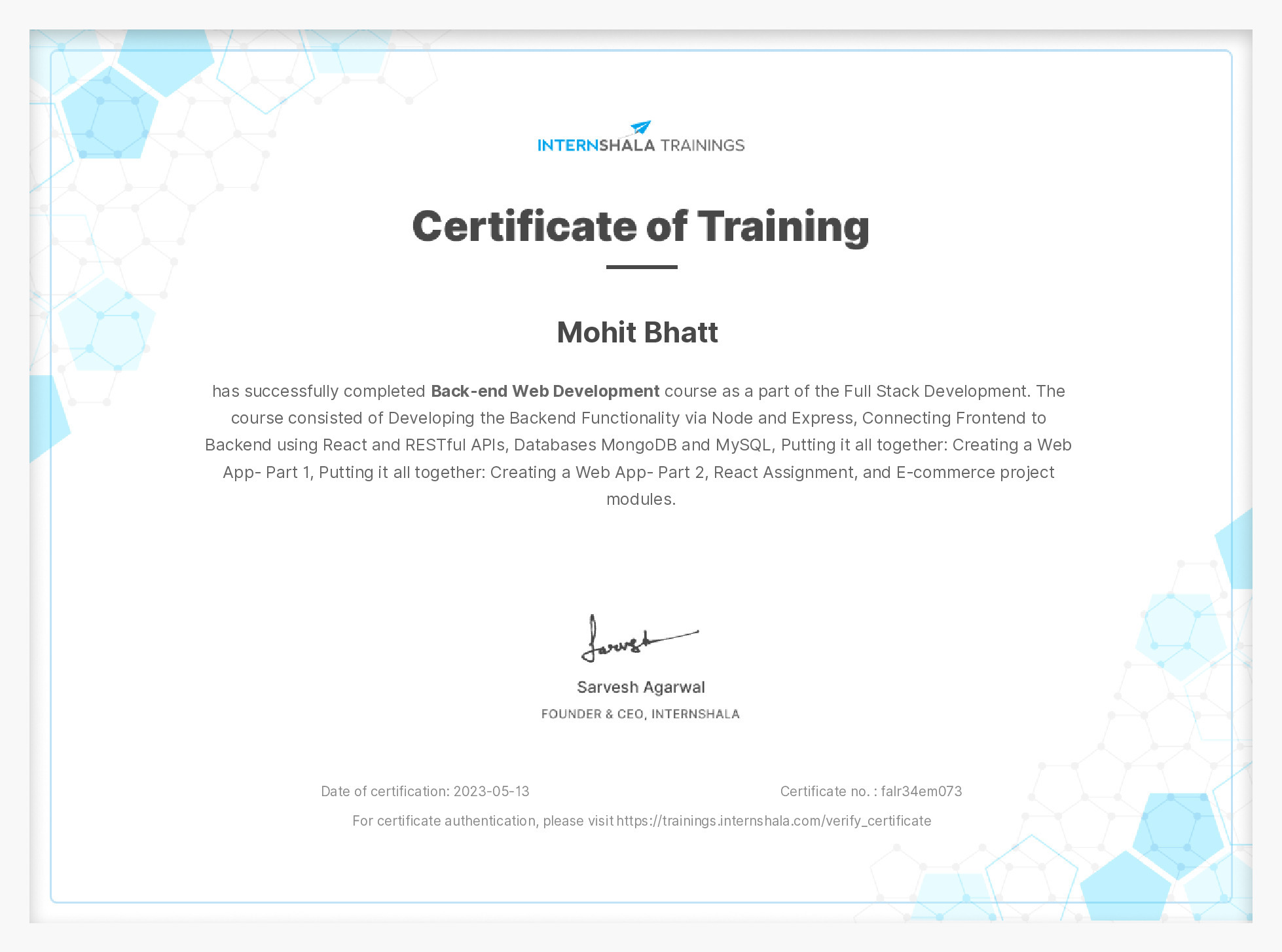 Certificate of completion