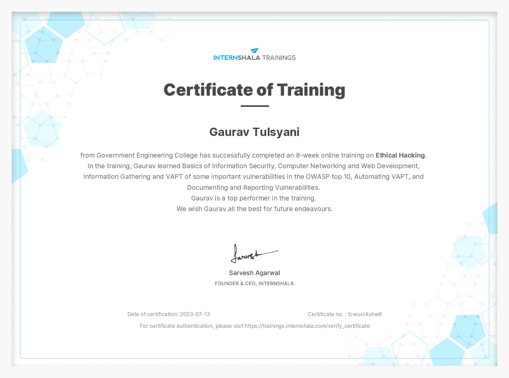 Certificate of completion